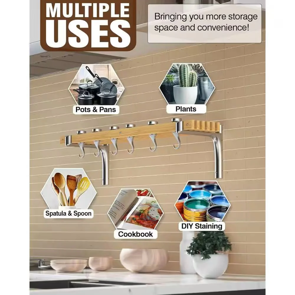36-inch x 8-inch Wall Mounted Metal Wood Pot Rack with 6 Swivel Hooks - Image 3