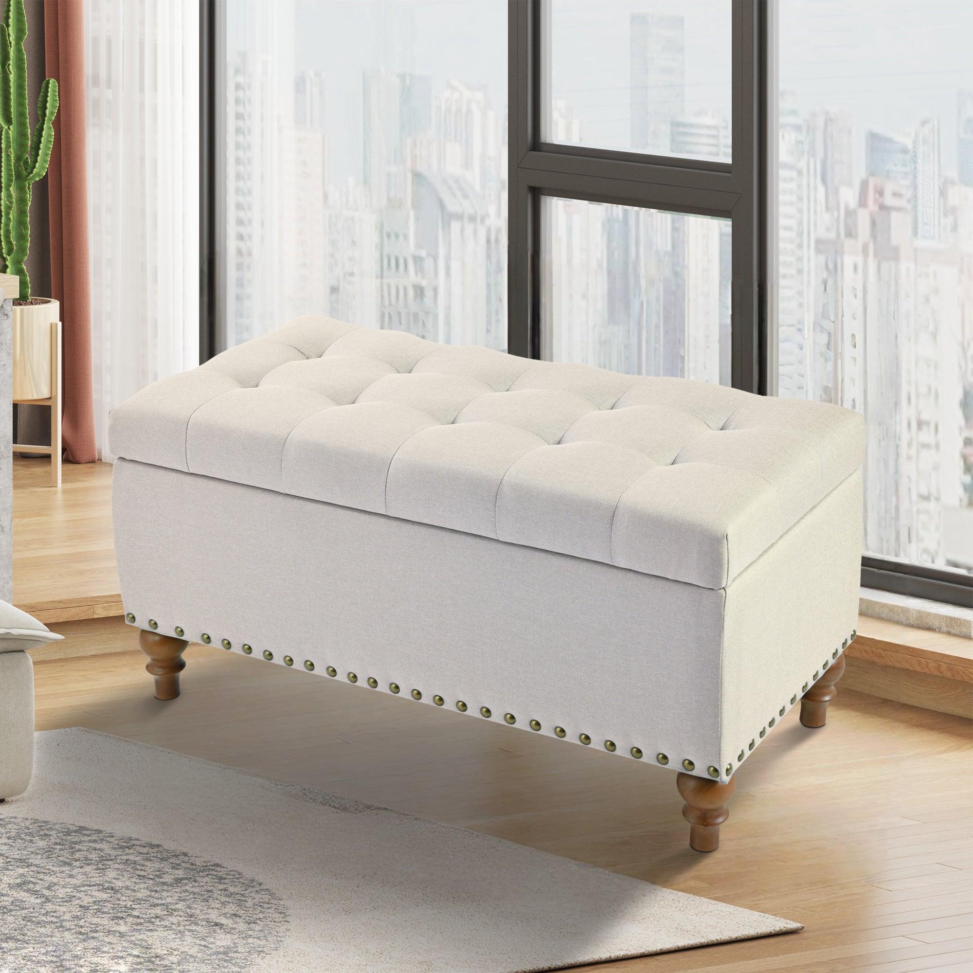 36" Ottoman Storage Bench with Recessed Support Hinge Top for Easy Opening,  Rivet Trim Around, Linen - Image 11