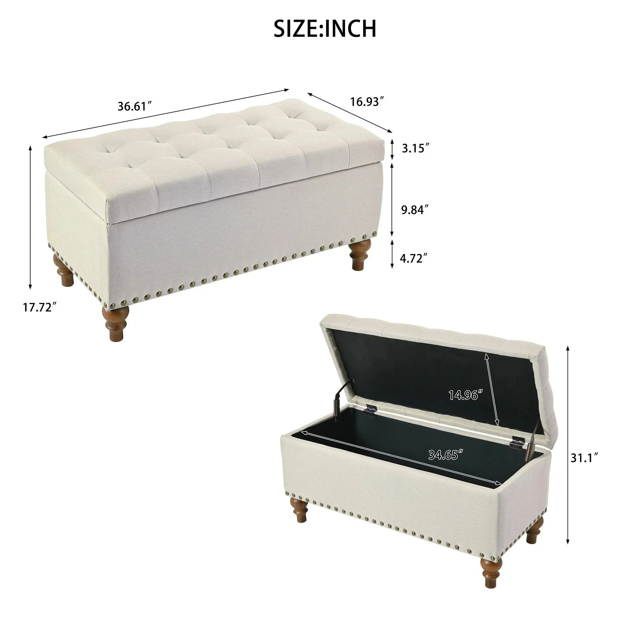 36" Ottoman Storage Bench with Recessed Support Hinge Top for Easy Opening,  Rivet Trim Around, Linen - Image 12