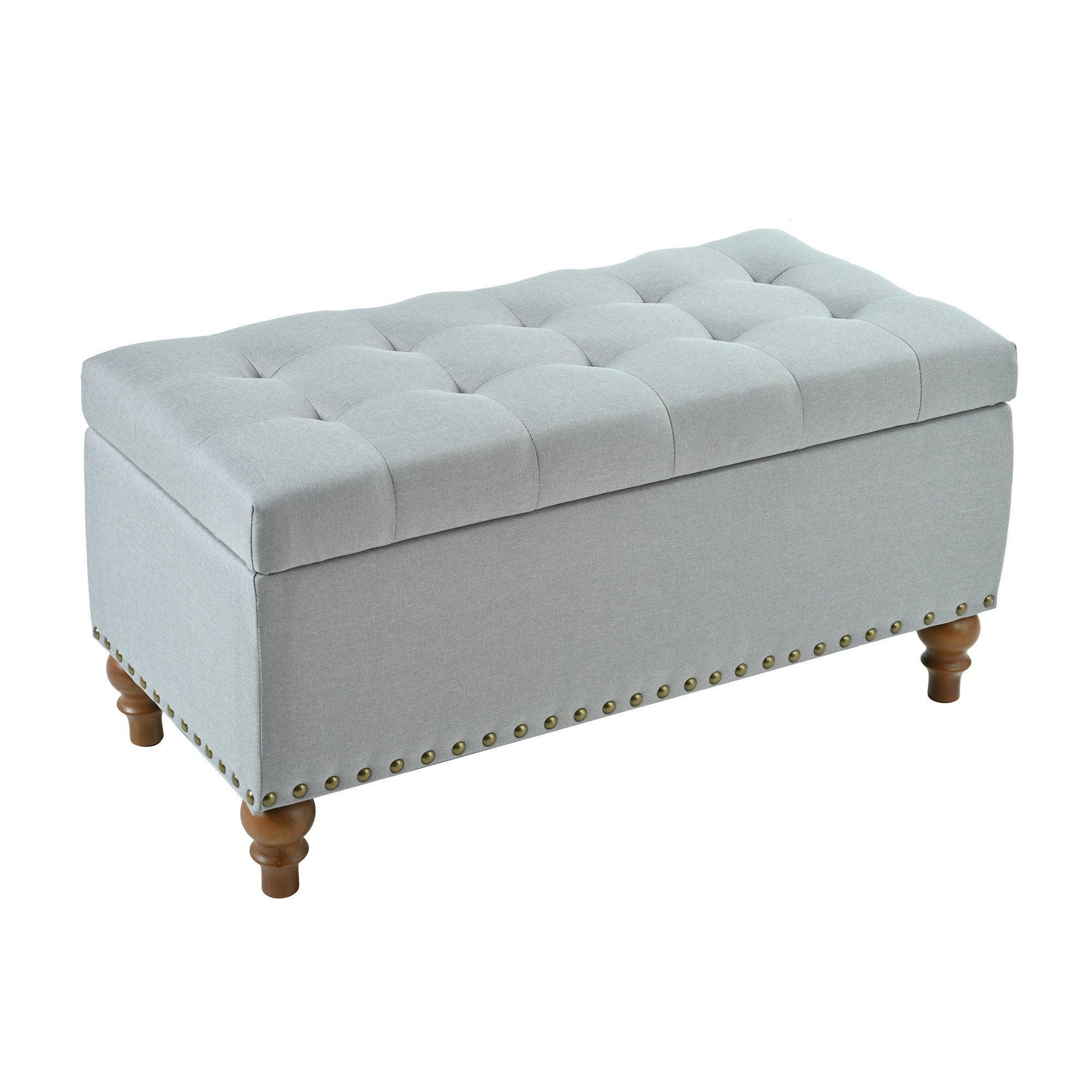 36" Ottoman Storage Bench with Recessed Support Hinge Top for Easy Opening,  Rivet Trim Around, Linen - Image 2