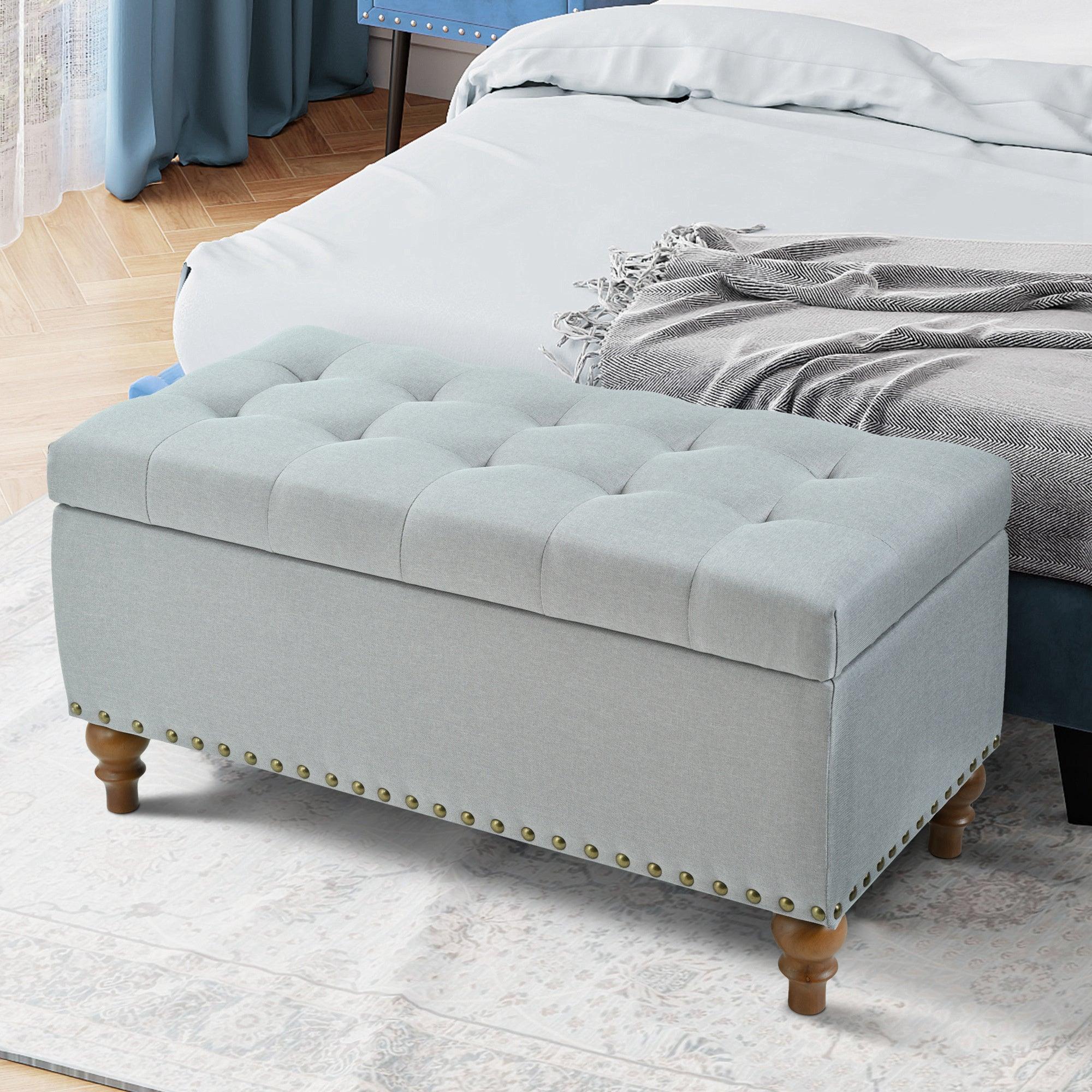 36" Ottoman Storage Bench with Recessed Support Hinge Top for Easy Opening,  Rivet Trim Around, Linen - Image 4