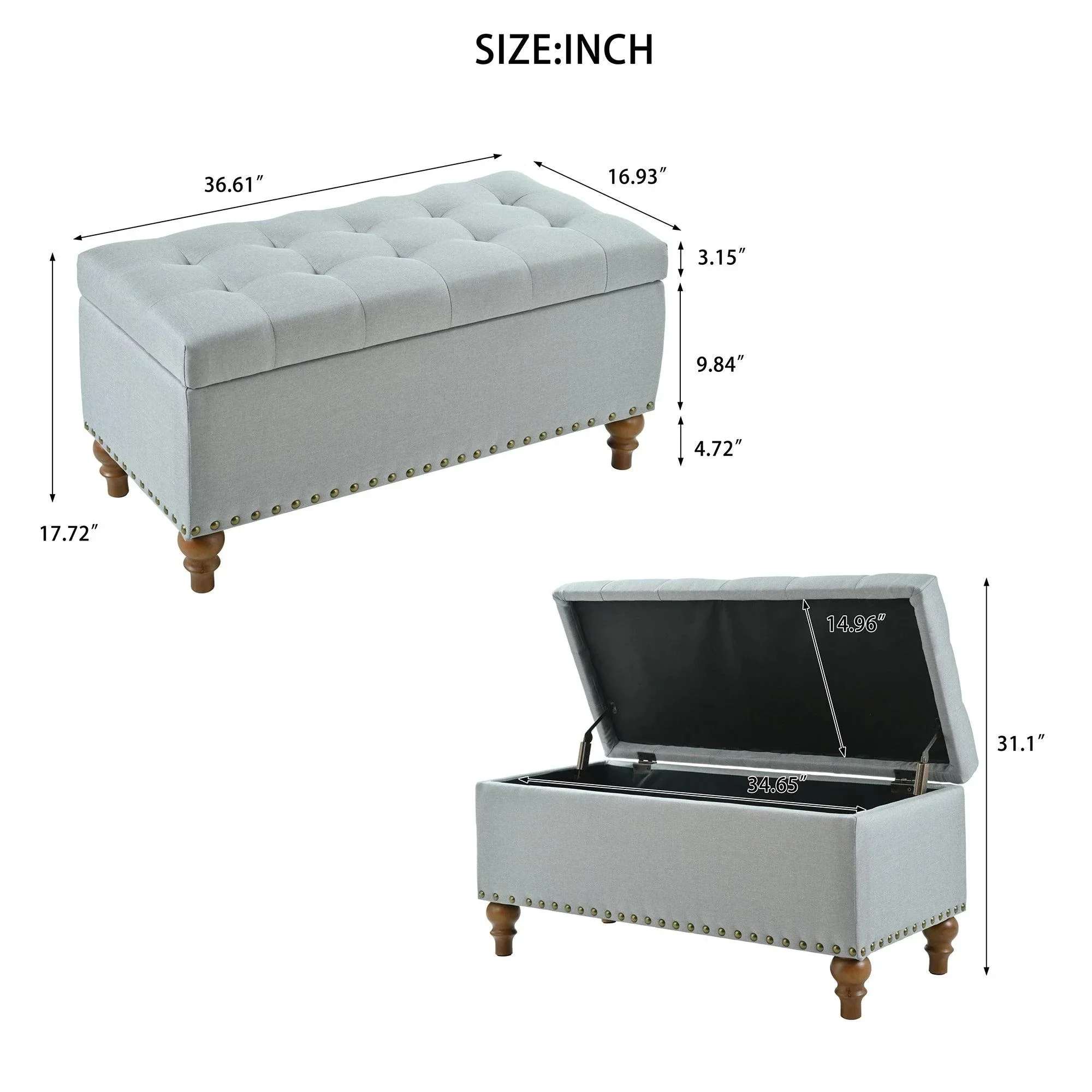 36" Ottoman Storage Bench with Recessed Support Hinge Top for Easy Opening,  Rivet Trim Around, Linen - Image 8