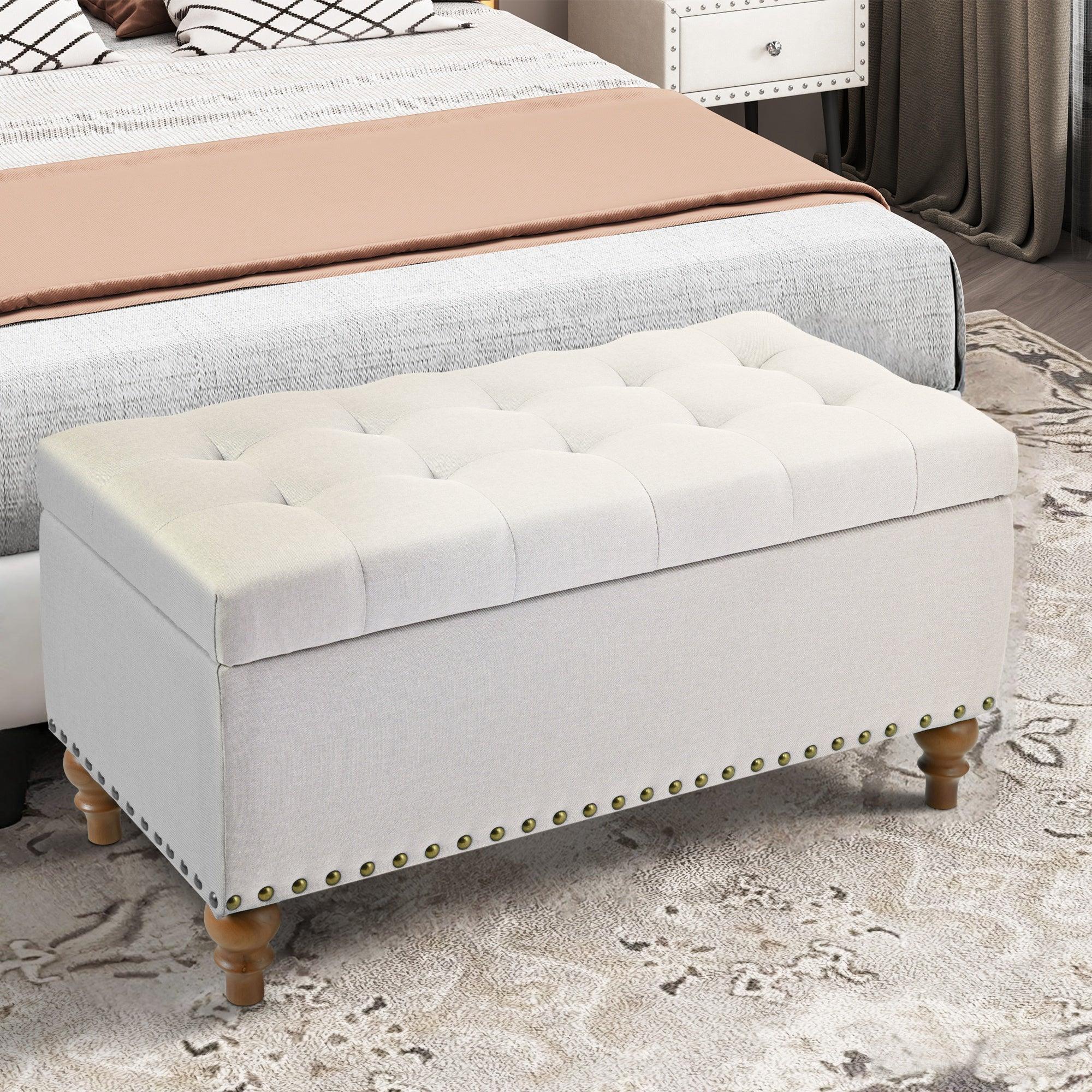 36" Ottoman Storage Bench with Recessed Support Hinge Top for Easy Opening,  Rivet Trim Around, Linen - Image 9