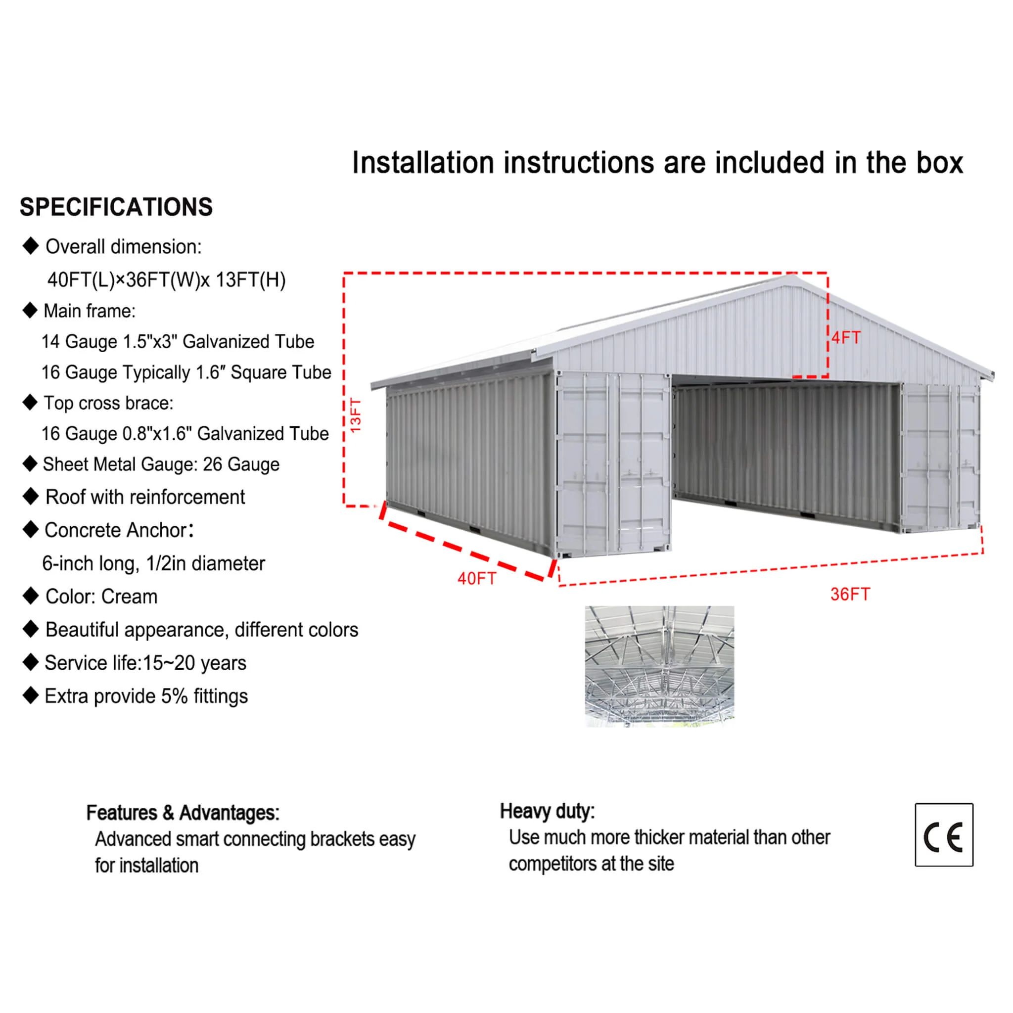 [36X40FT] Heavy-Duty Weather-Resistant Galvanized Steel Container Roof Kit [No Containers] (SAK37491) - Image 10