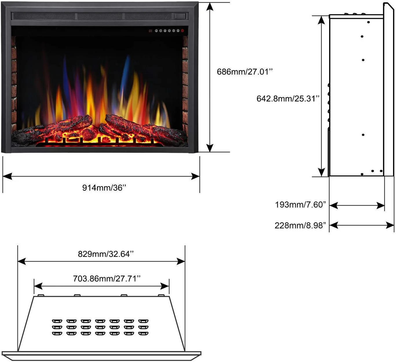 37 Inch Electric Fireplace Insert Adjuatble Flame Colors 939BXB - Image 3