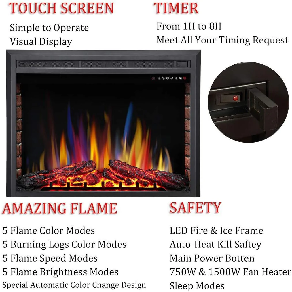 37 Inch Electric Fireplace Insert Adjuatble Flame Colors 939BXB - Image 4