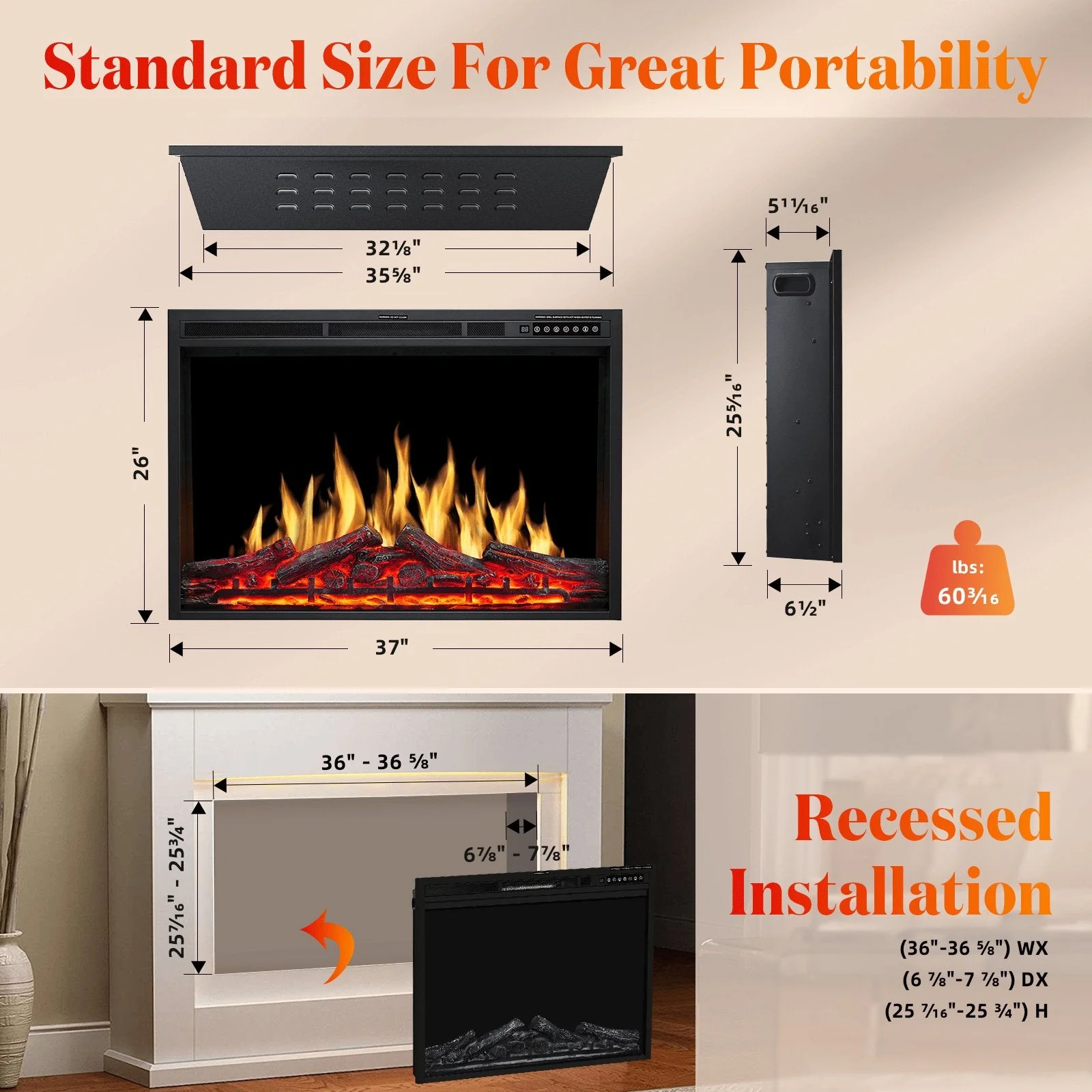 37 Inch Electric Fireplace Insert Adjuatble Flame Colors 939BXB - Image 3