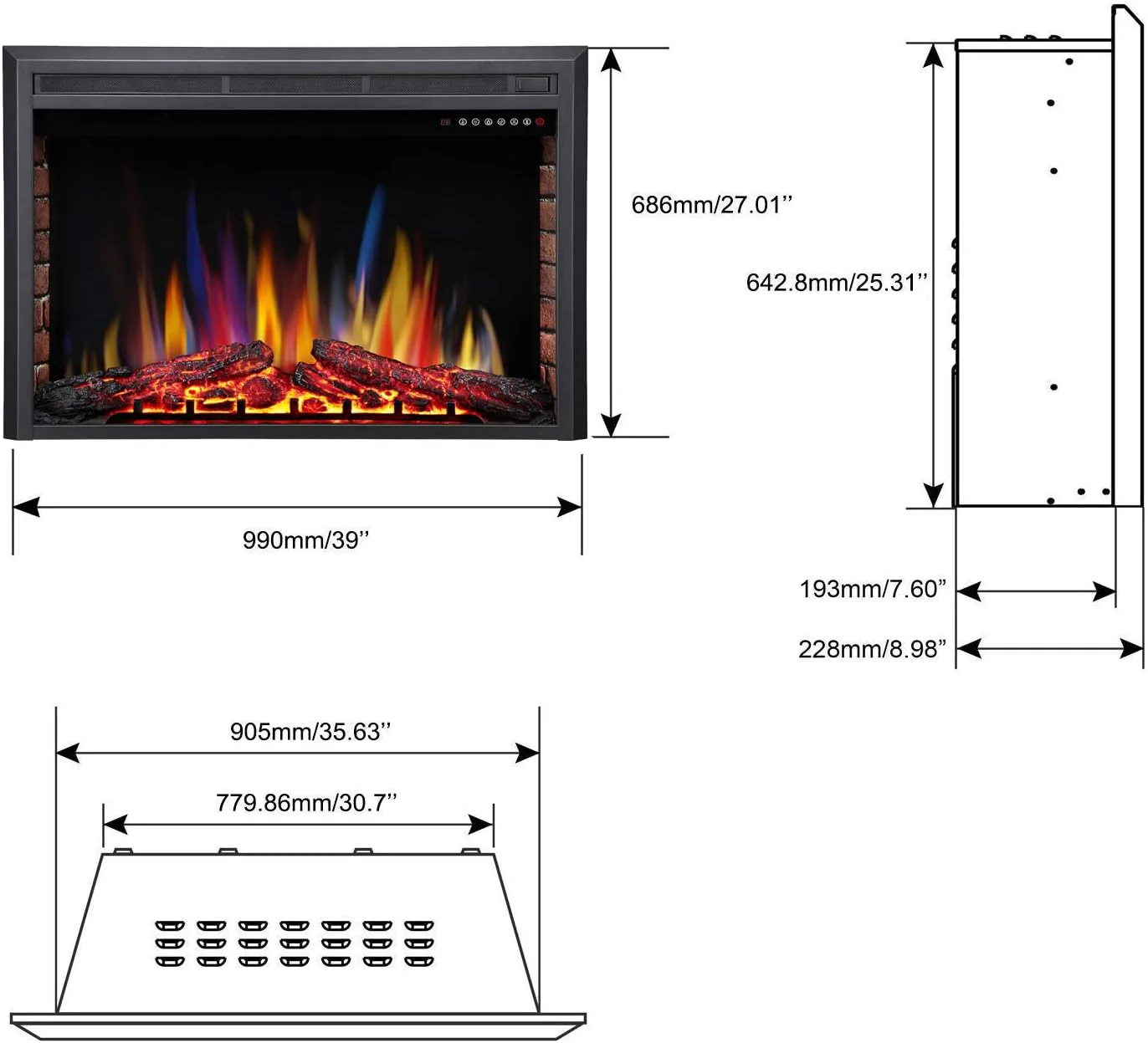 39 Inch Electric Fireplace Insert Adjuatble Flame Colors 939A - Image 3