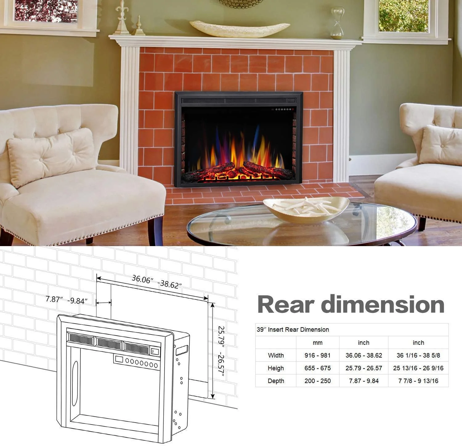 39 Inch Electric Fireplace Insert Adjuatble Flame Colors 939A - Image 5