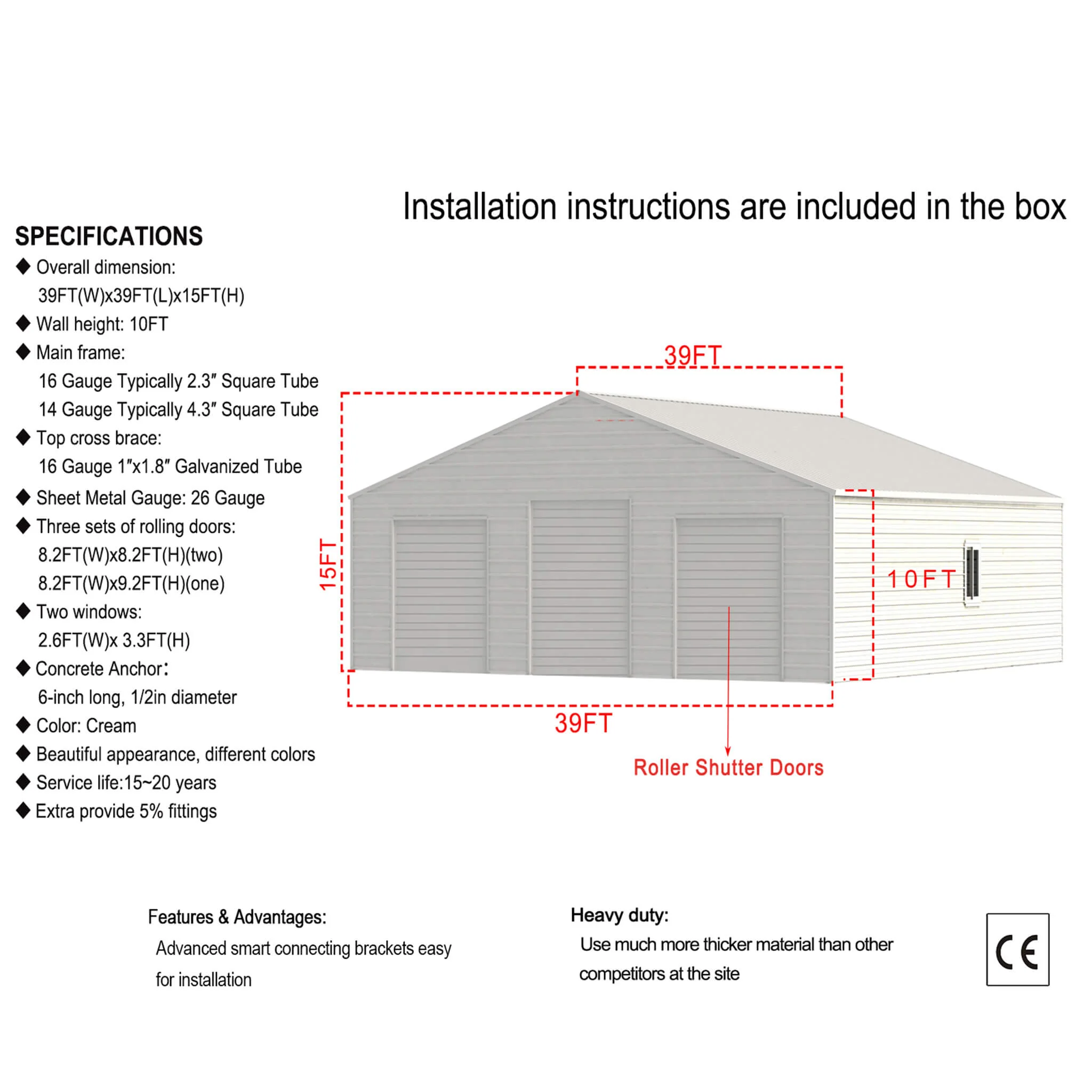 [39X39FT] Extra-Large Heavy-Duty Galvanized Steel Barn Building Shed With 3 Rolling Door Garages (SAK10234) - Image 8