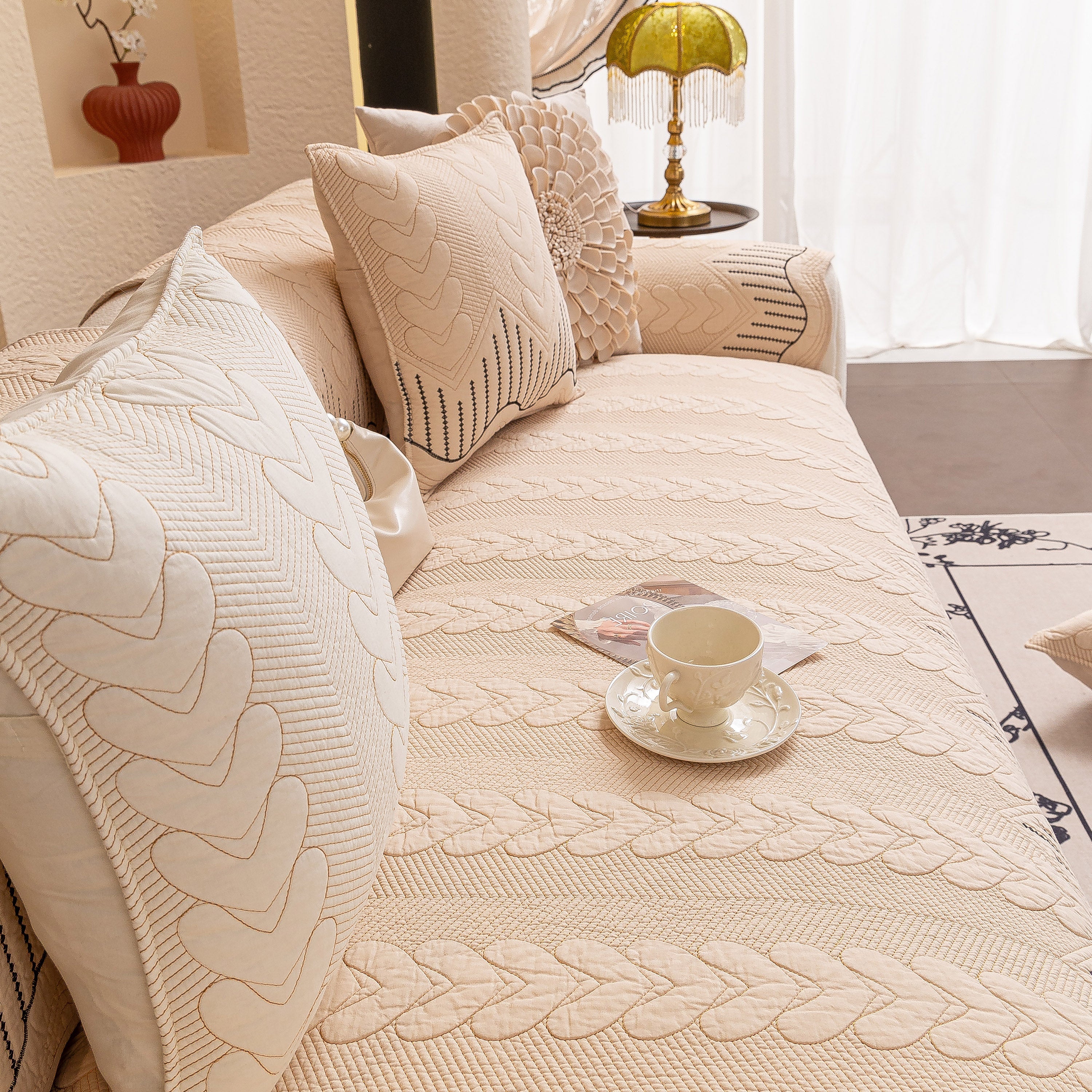 3D Quilted Thick Cotton Sofa Cover Non-Slip Couch Throw for Fabric & Leather Sofas - Image 100