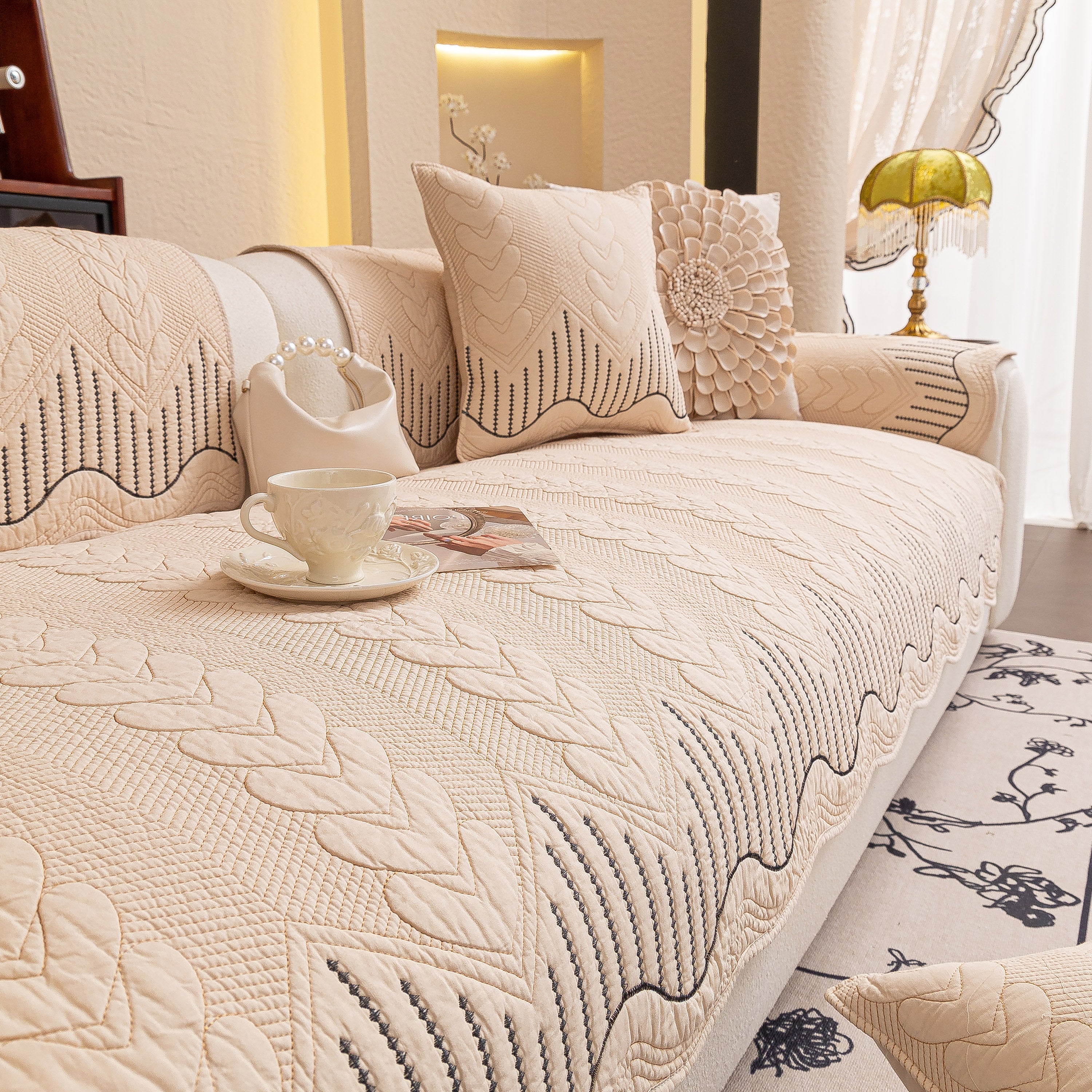 3D Quilted Thick Cotton Sofa Cover Non-Slip Couch Throw for Fabric & Leather Sofas - Image 103