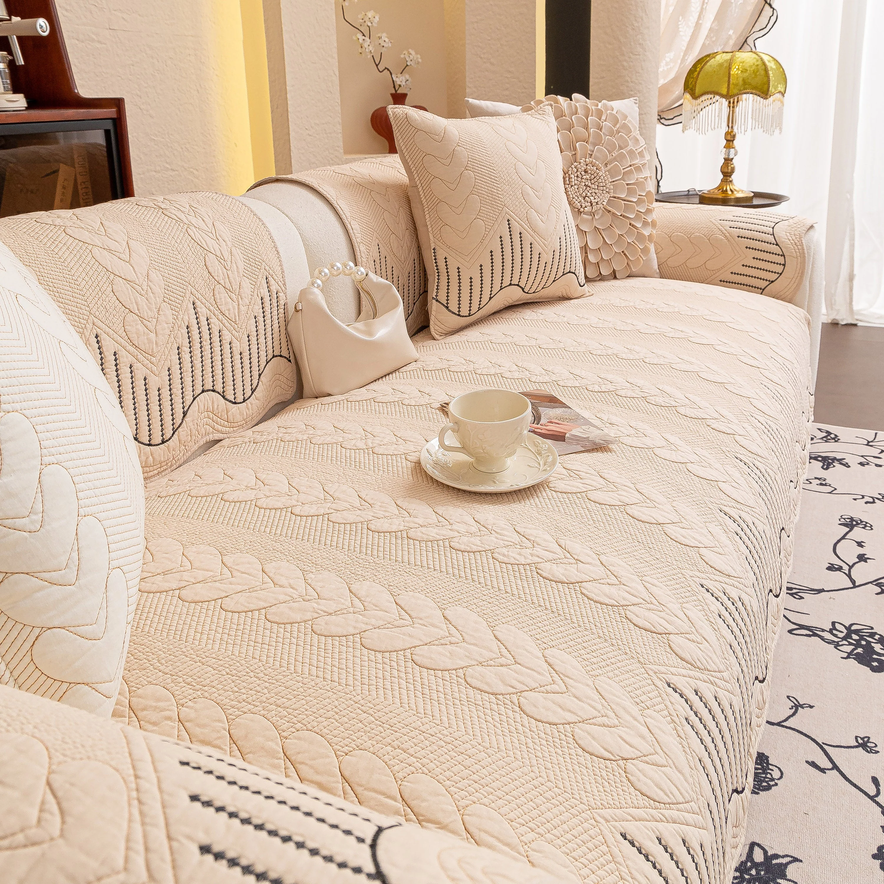 3D Quilted Thick Cotton Sofa Cover Non-Slip Couch Throw for Fabric & Leather Sofas - Image 104