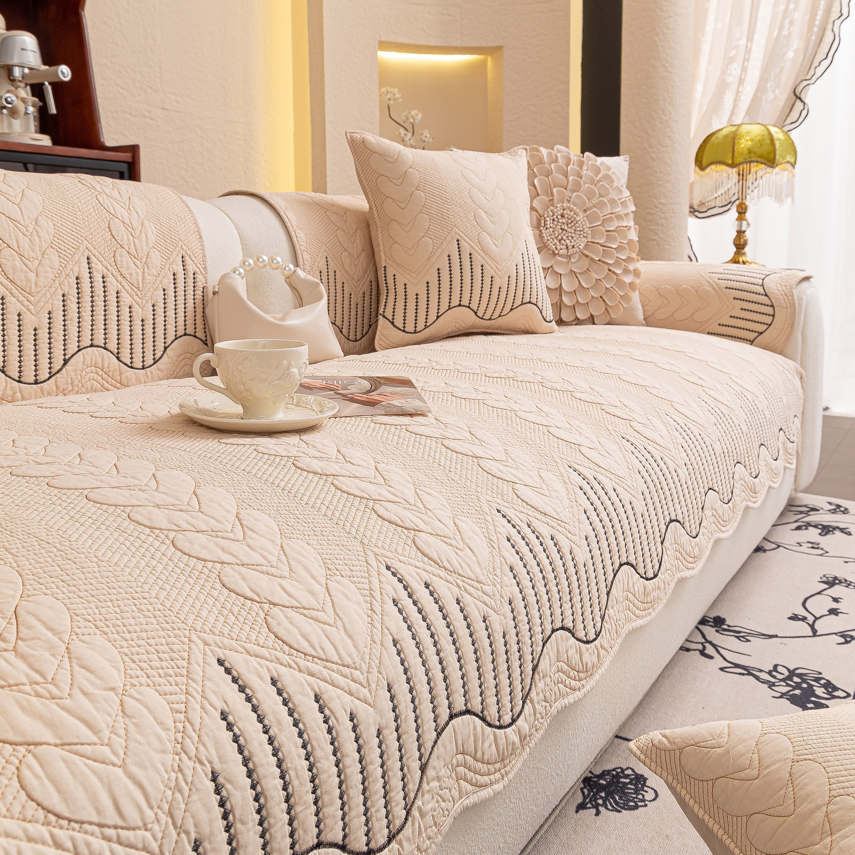 3D Quilted Thick Cotton Sofa Cover Non-Slip Couch Throw for Fabric & Leather Sofas - Image 105