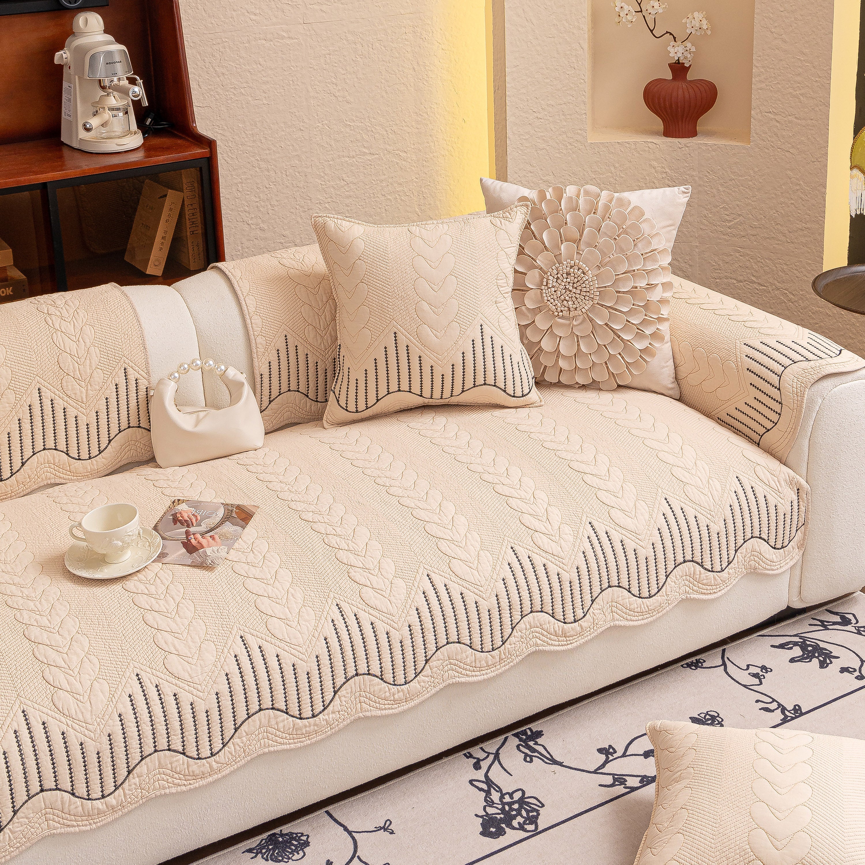 3D Quilted Thick Cotton Sofa Cover Non-Slip Couch Throw for Fabric & Leather Sofas - Image 109