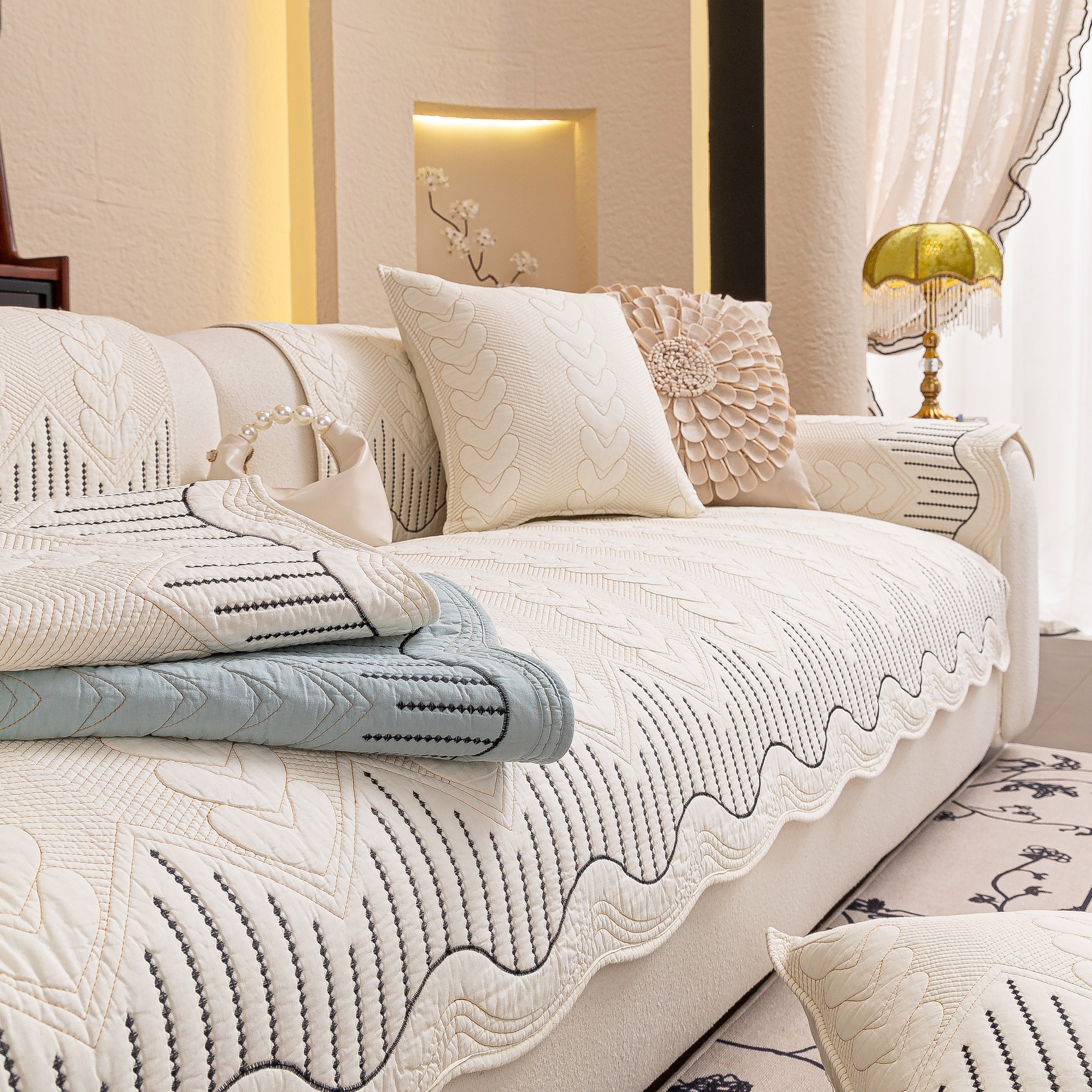 3D Quilted Thick Cotton Sofa Cover Non-Slip Couch Throw for Fabric & Leather Sofas - Image 18