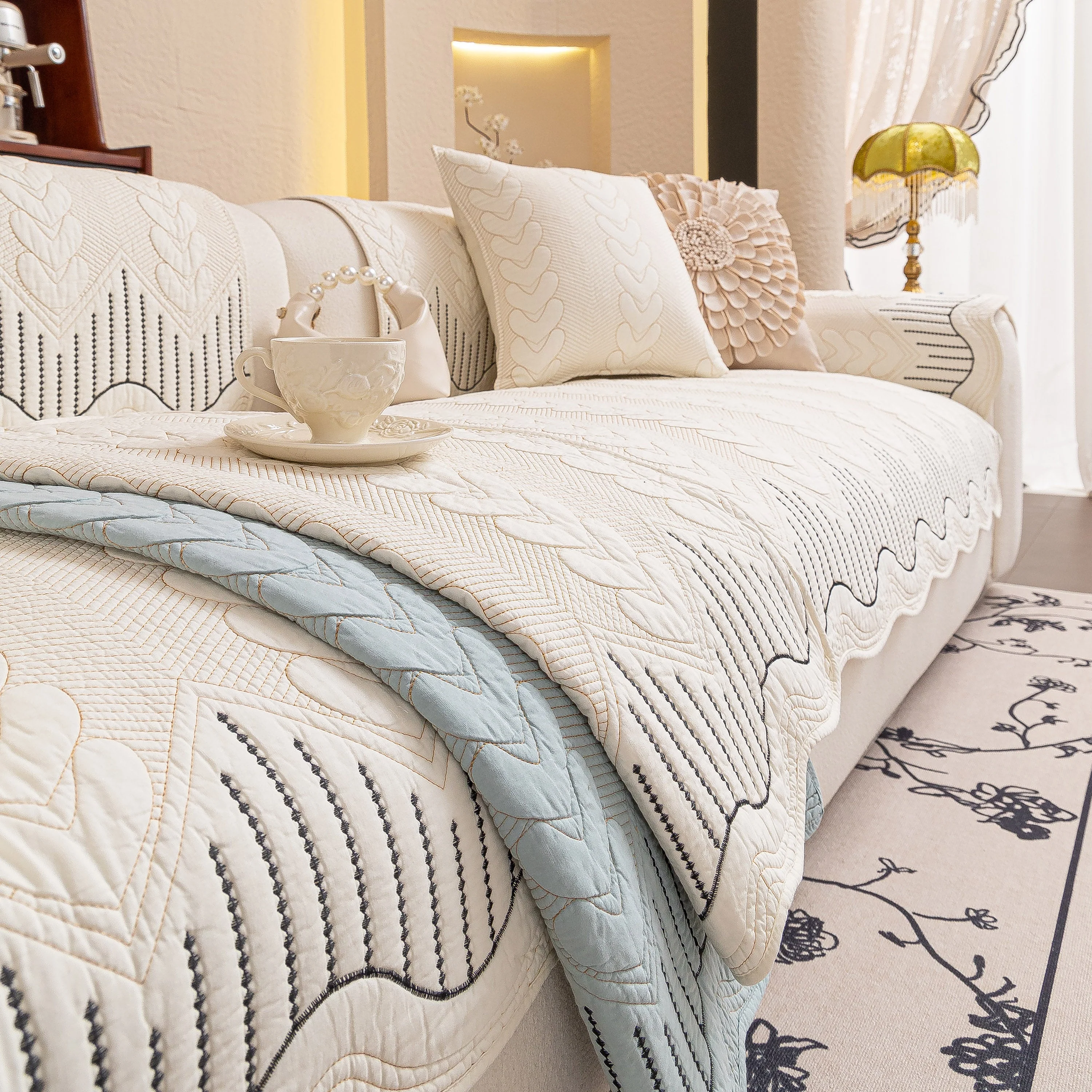 3D Quilted Thick Cotton Sofa Cover Non-Slip Couch Throw for Fabric & Leather Sofas - Image 19