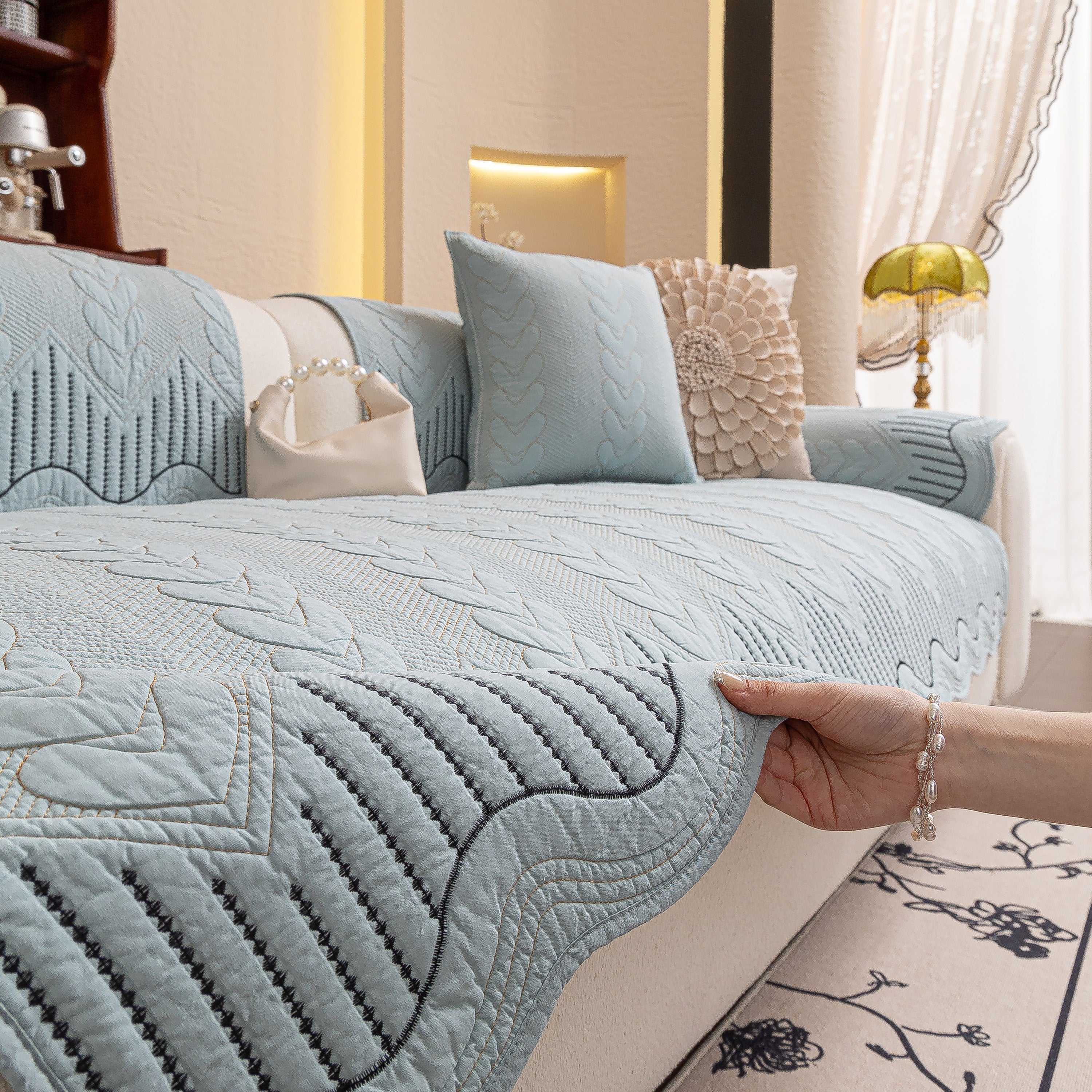 3D Quilted Thick Cotton Sofa Cover Non-Slip Couch Throw for Fabric & Leather Sofas - Image 39
