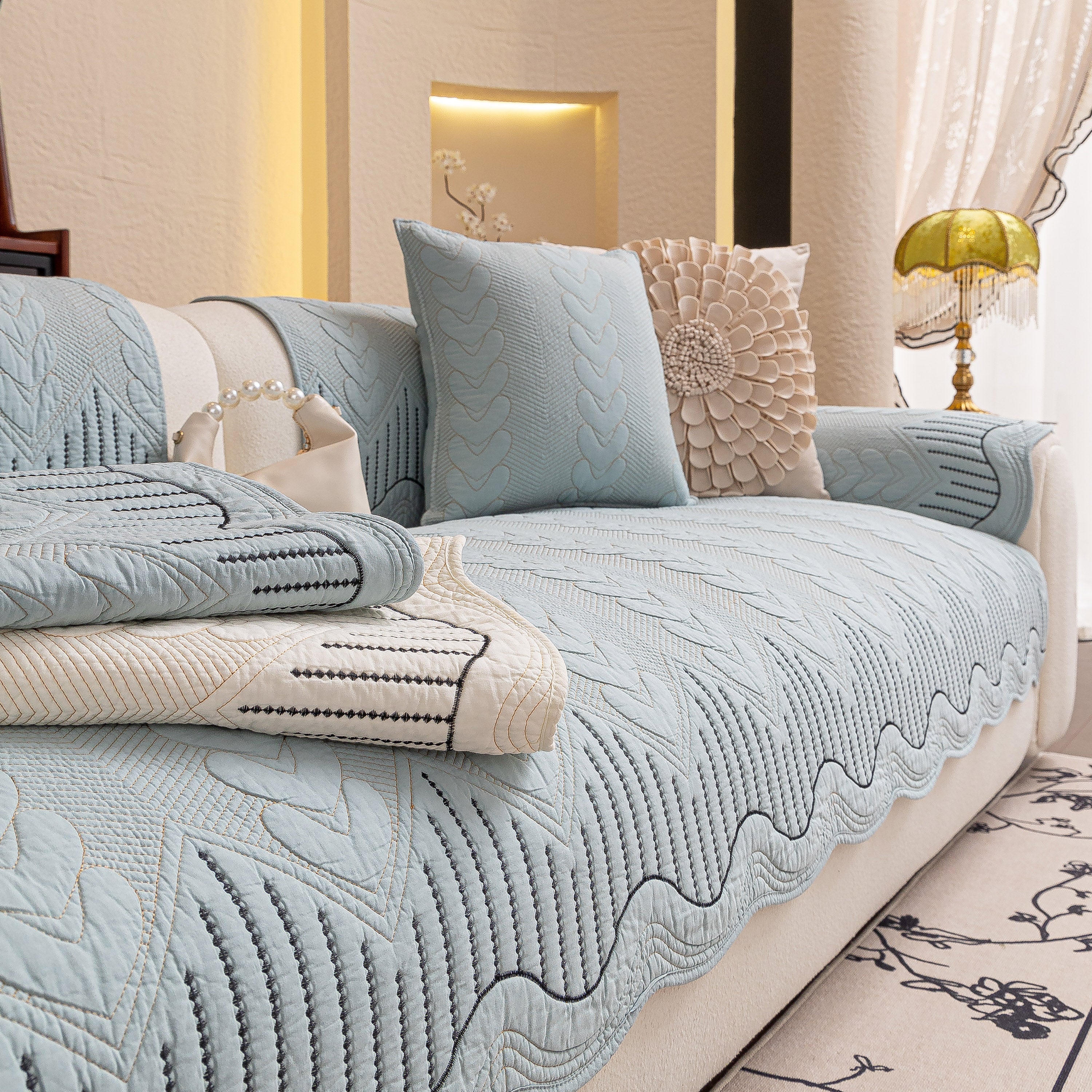 3D Quilted Thick Cotton Sofa Cover Non-Slip Couch Throw for Fabric & Leather Sofas - Image 42