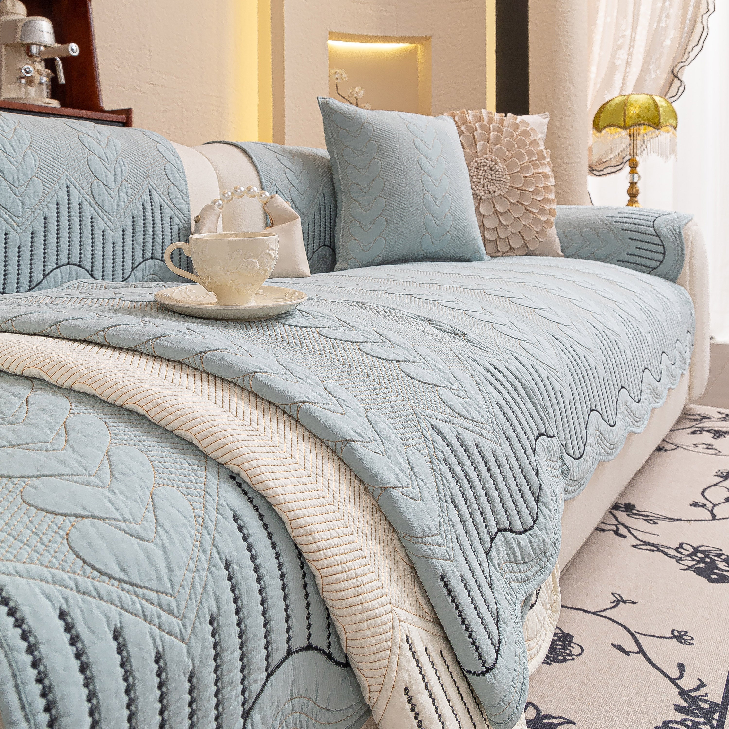 3D Quilted Thick Cotton Sofa Cover Non-Slip Couch Throw for Fabric & Leather Sofas - Image 43