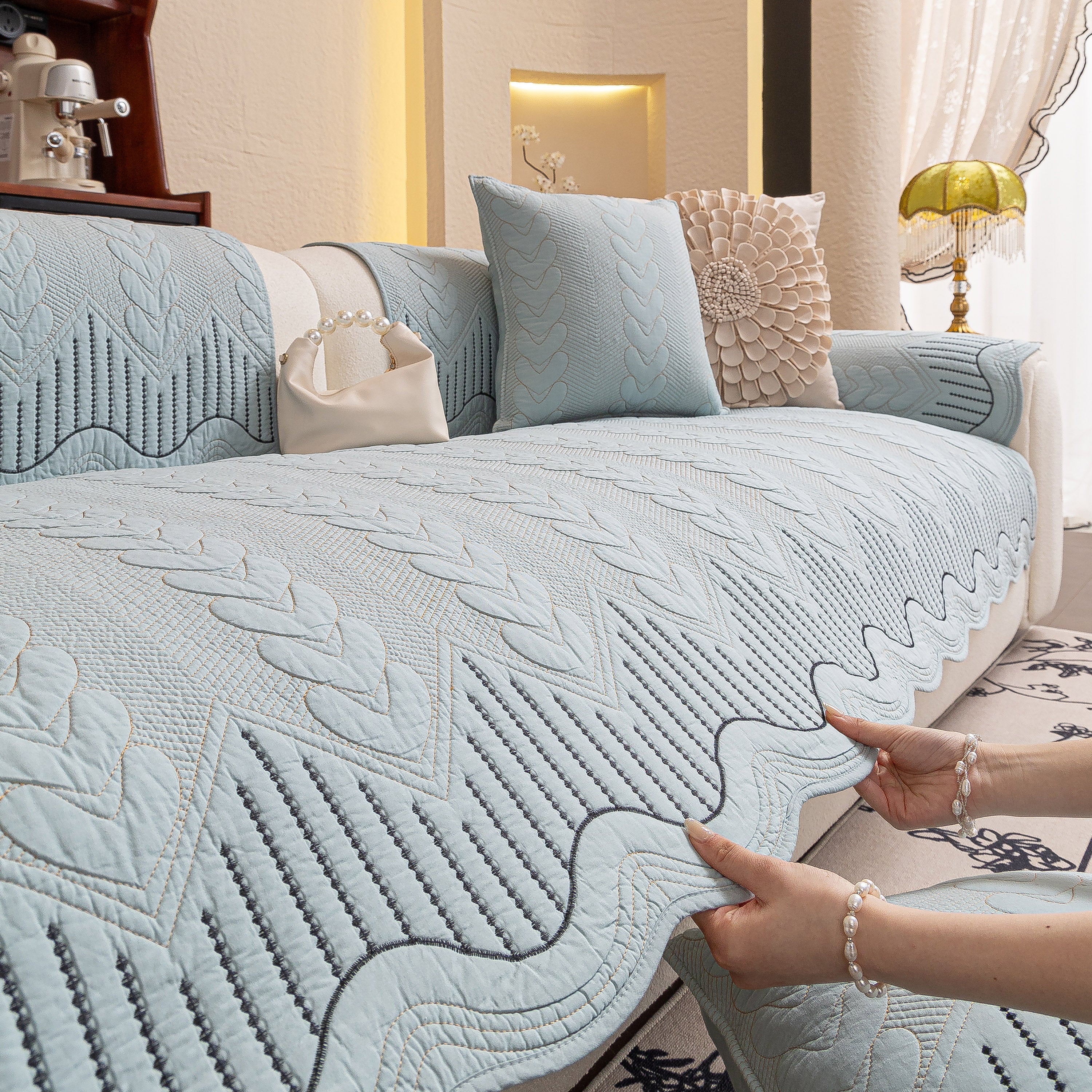 3D Quilted Thick Cotton Sofa Cover Non-Slip Couch Throw for Fabric & Leather Sofas - Image 44