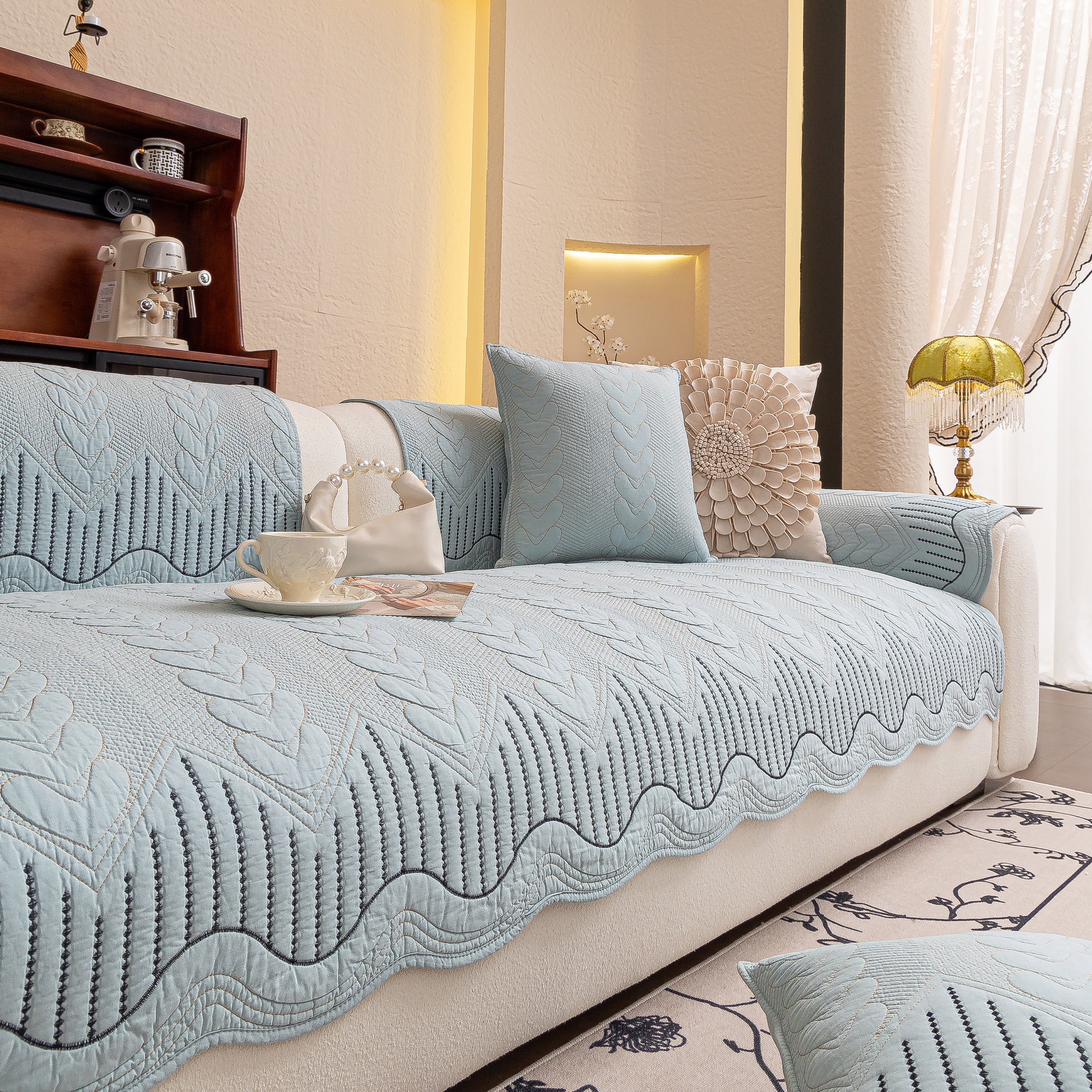 3D Quilted Thick Cotton Sofa Cover Non-Slip Couch Throw for Fabric & Leather Sofas - Image 45