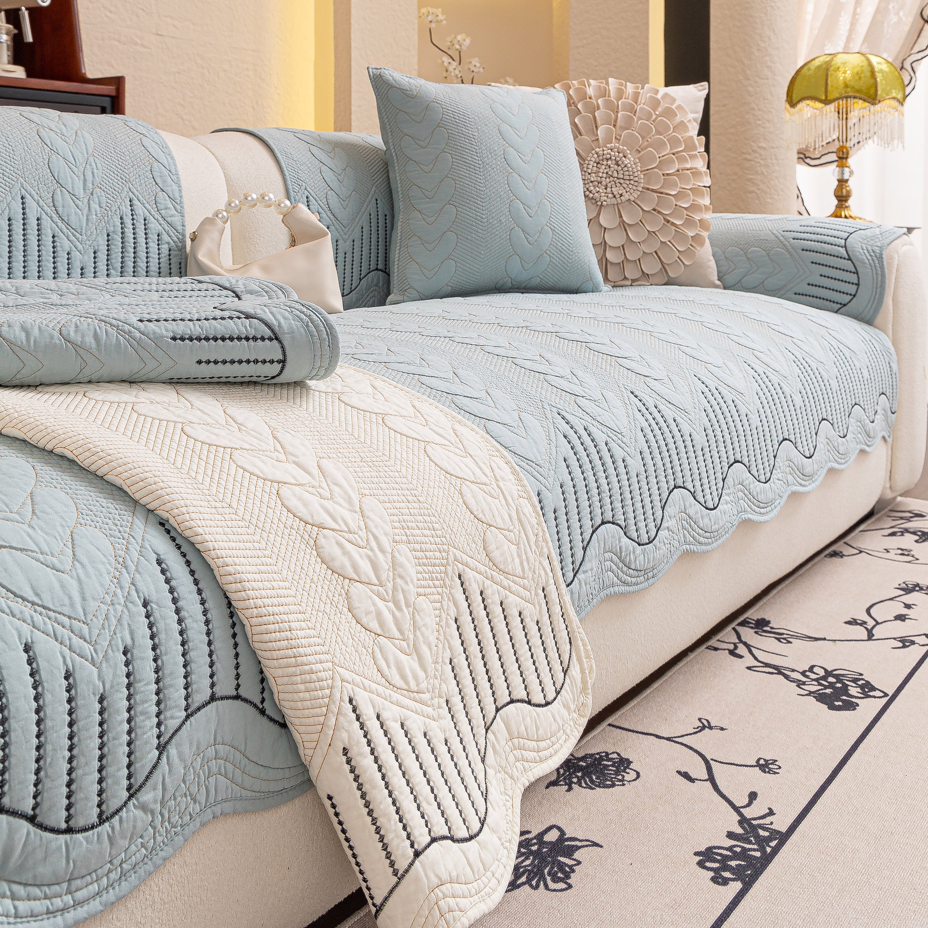 3D Quilted Thick Cotton Sofa Cover Non-Slip Couch Throw for Fabric & Leather Sofas - Image 46
