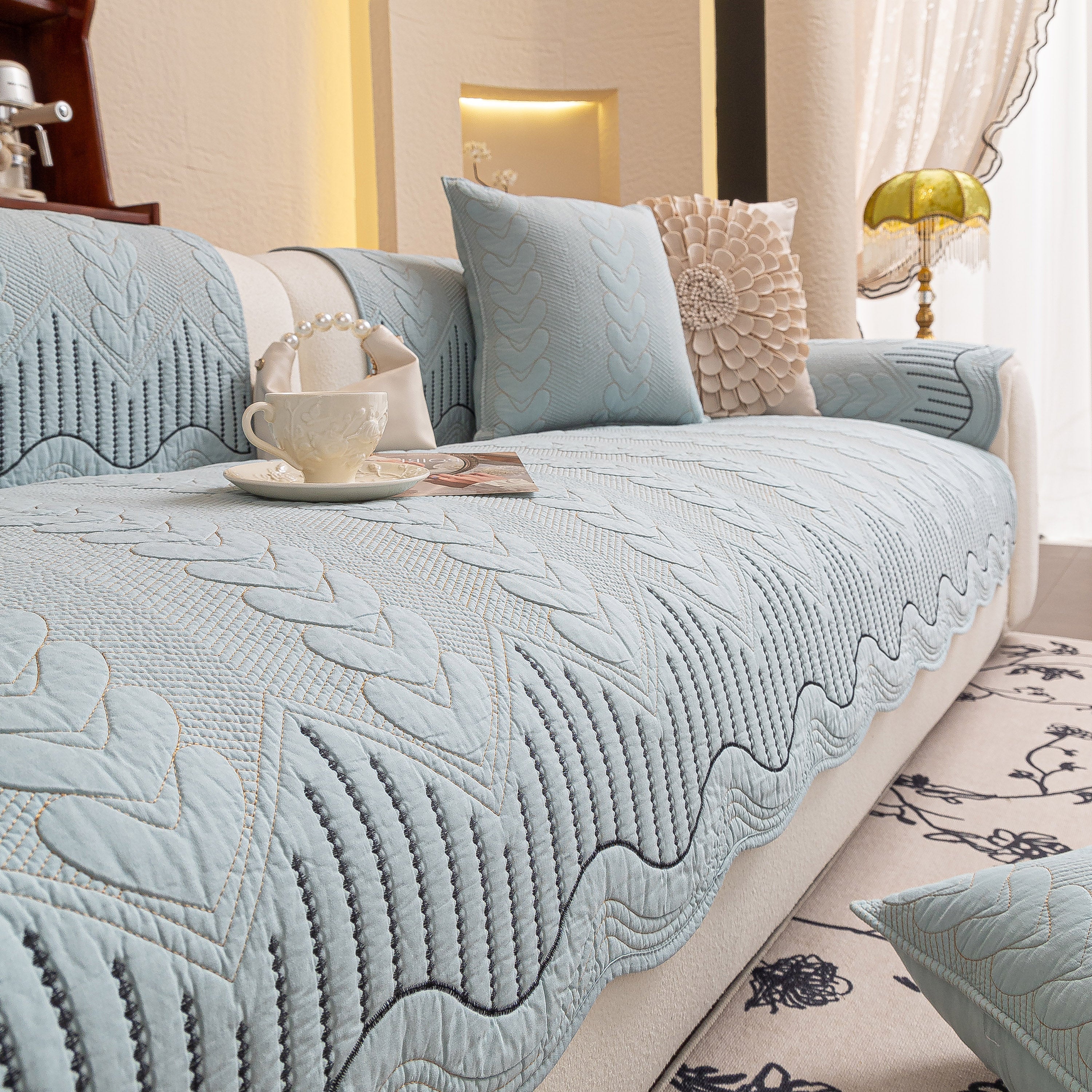 3D Quilted Thick Cotton Sofa Cover Non-Slip Couch Throw for Fabric & Leather Sofas - Image 55