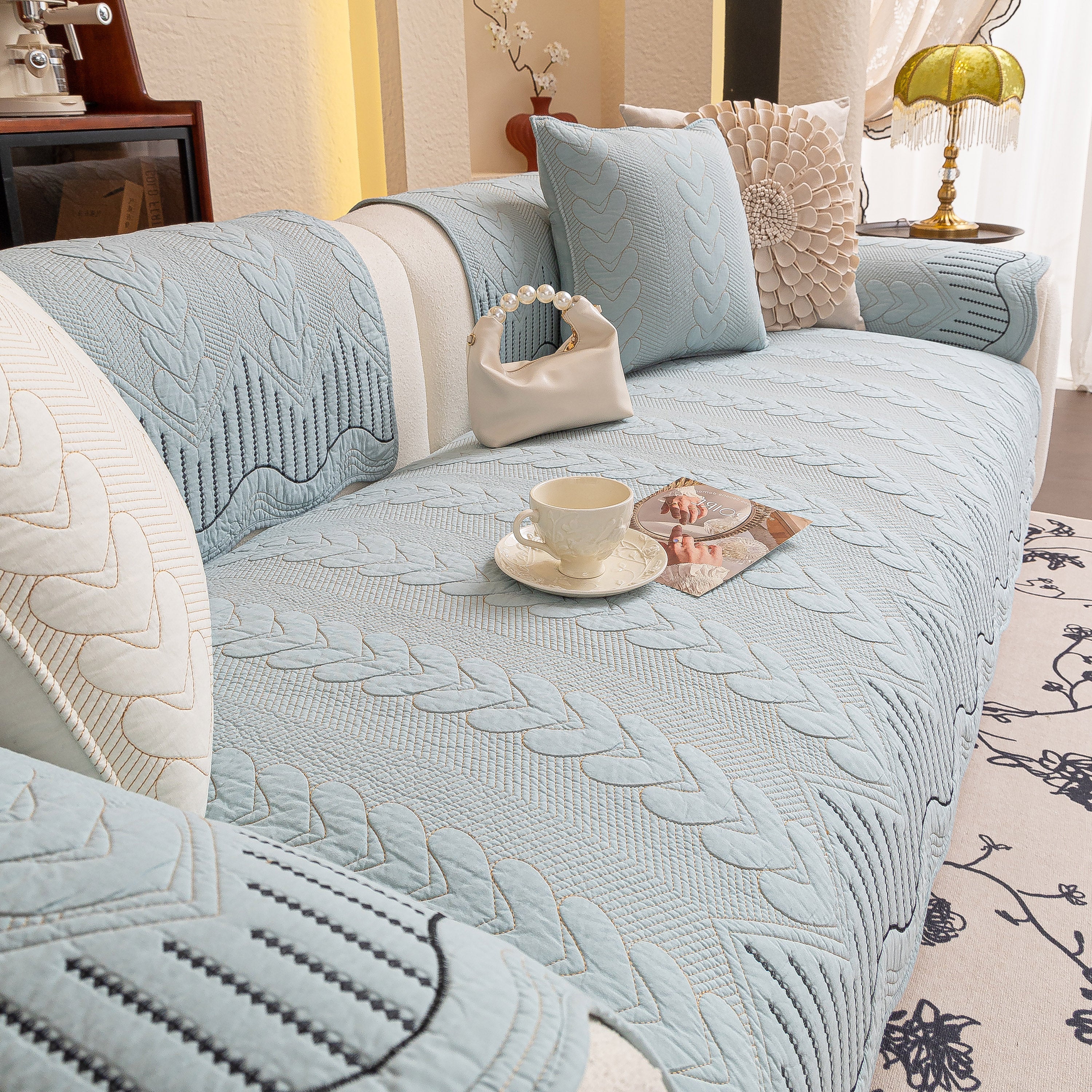 3D Quilted Thick Cotton Sofa Cover Non-Slip Couch Throw for Fabric & Leather Sofas - Image 61