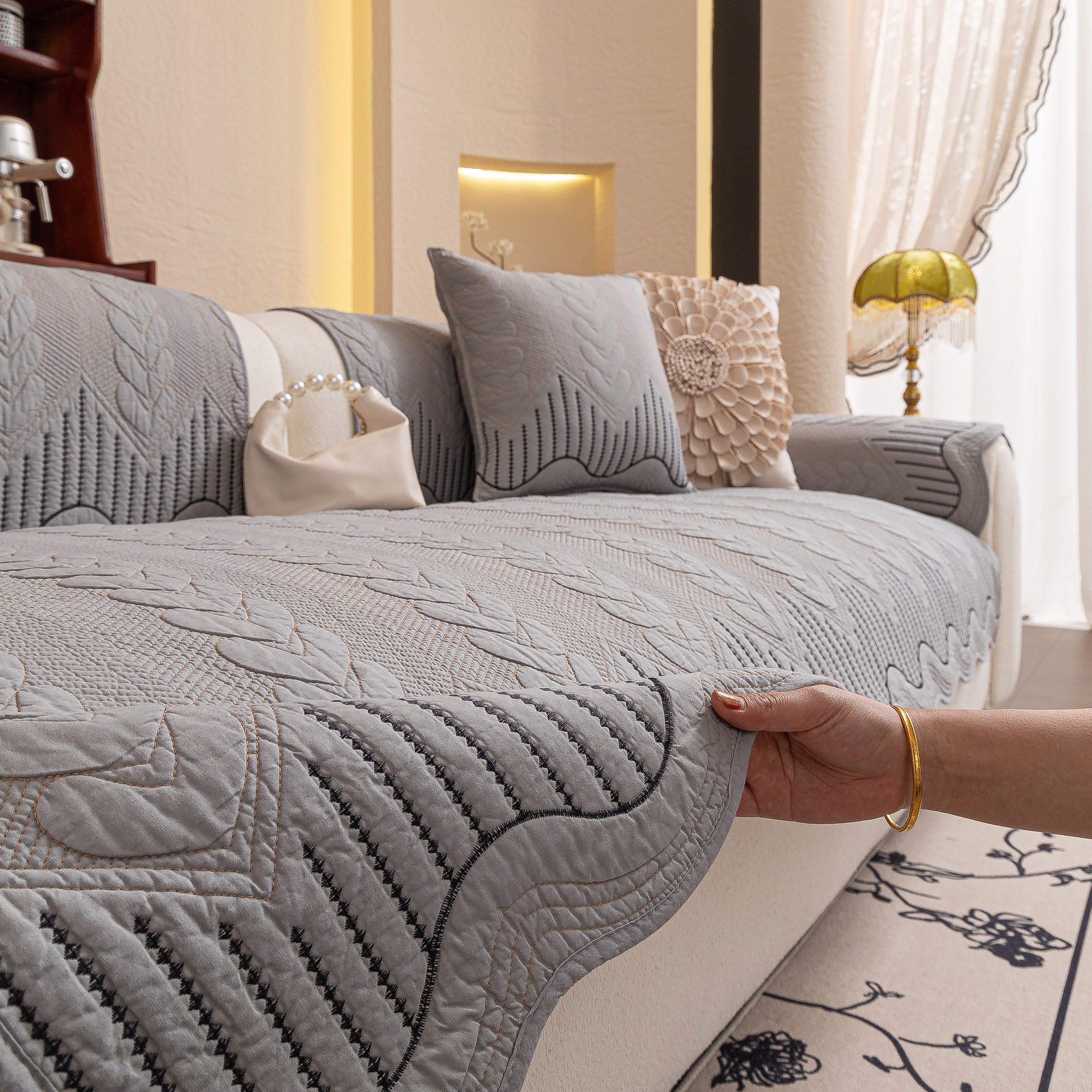 3D Quilted Thick Cotton Sofa Cover Non-Slip Couch Throw for Fabric & Leather Sofas - Image 64