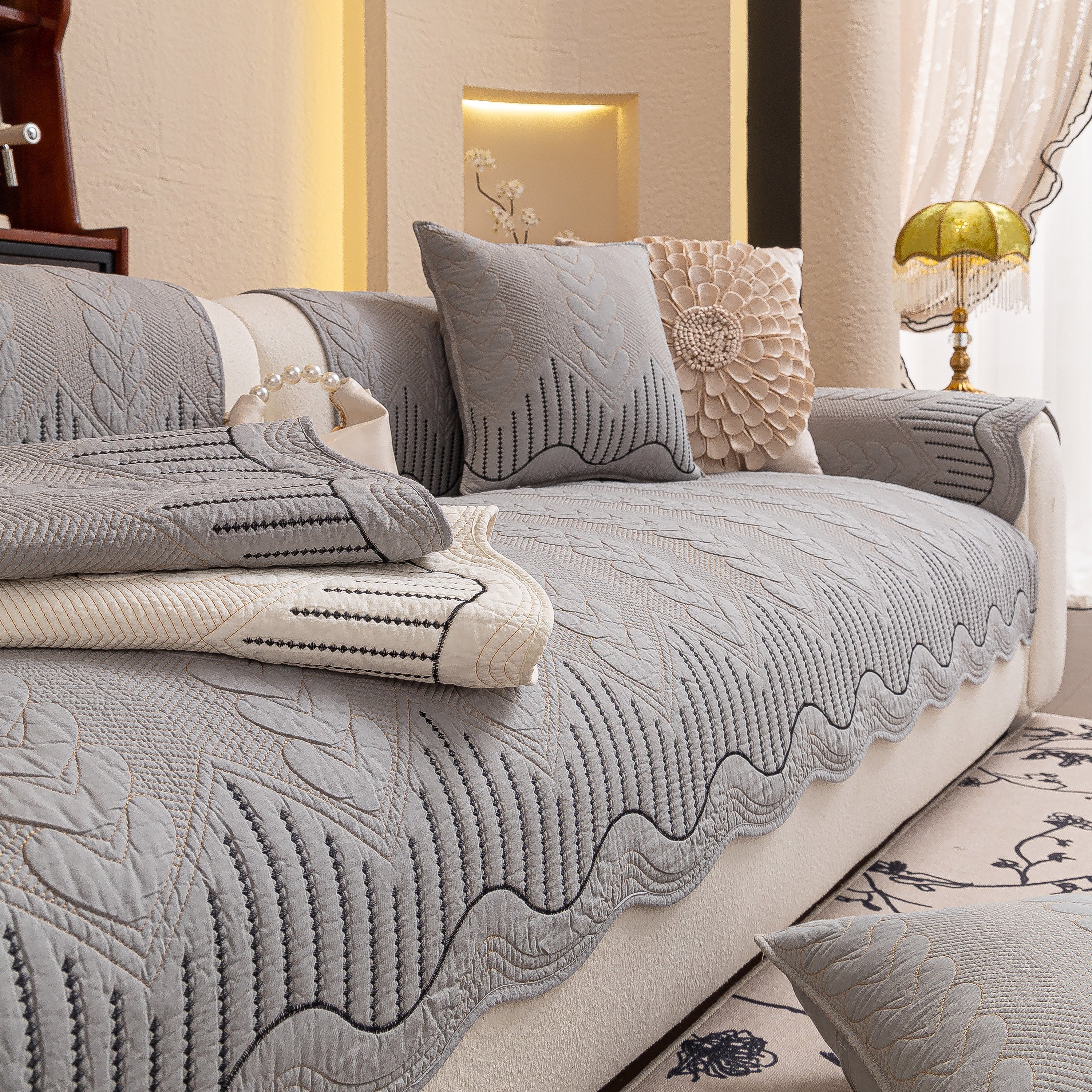 3D Quilted Thick Cotton Sofa Cover Non-Slip Couch Throw for Fabric & Leather Sofas - Image 65