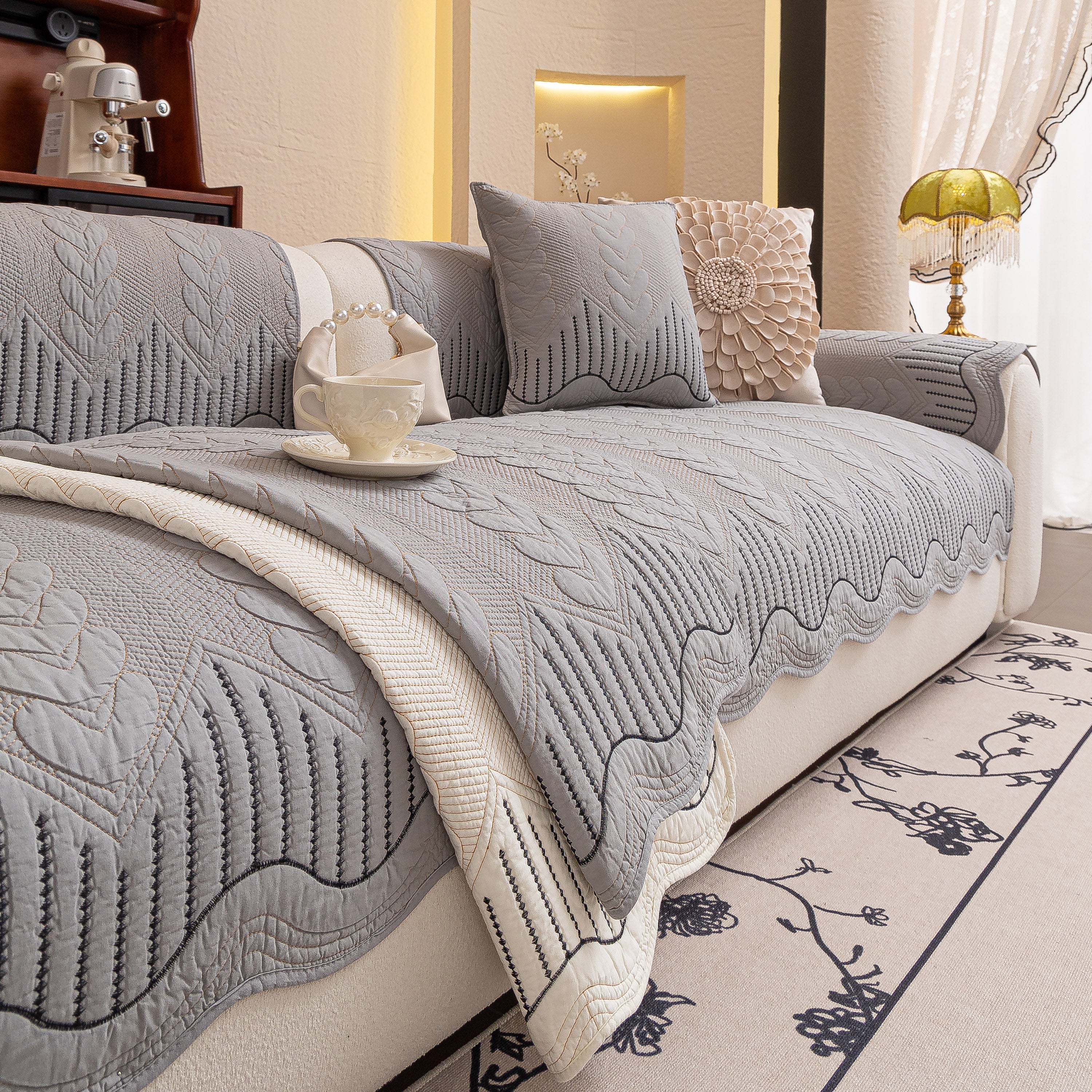 3D Quilted Thick Cotton Sofa Cover Non-Slip Couch Throw for Fabric & Leather Sofas - Image 66