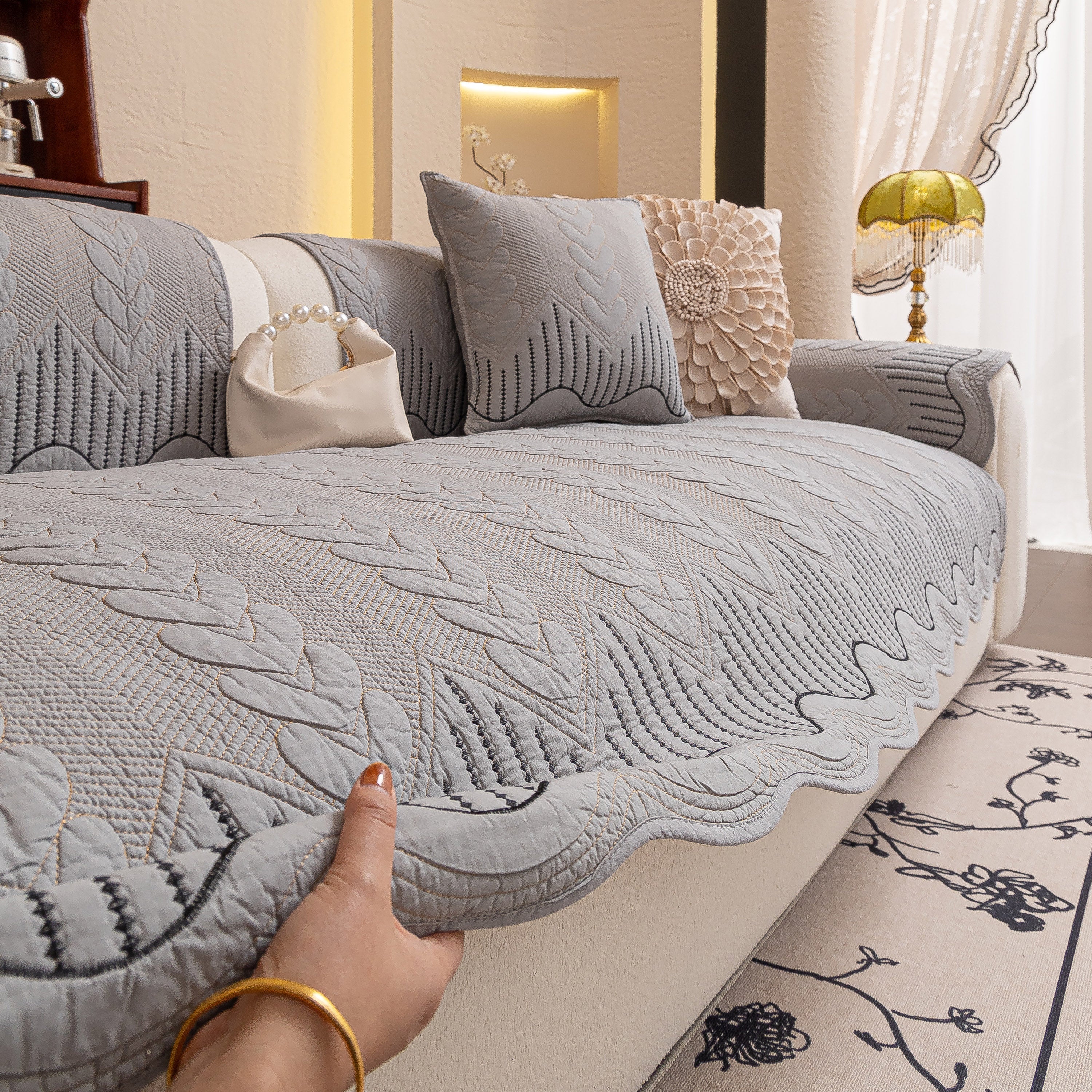 3D Quilted Thick Cotton Sofa Cover Non-Slip Couch Throw for Fabric & Leather Sofas - Image 68