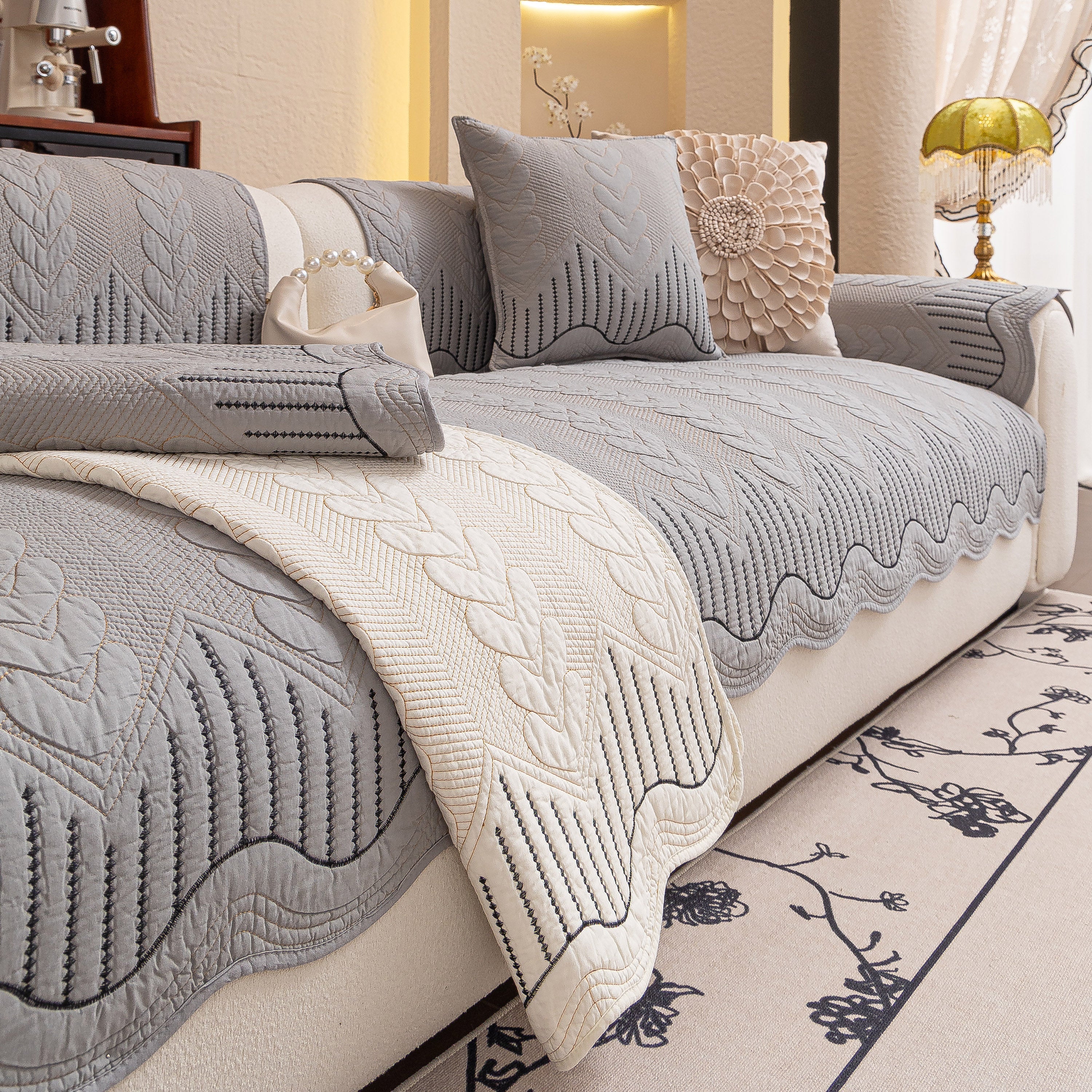 3D Quilted Thick Cotton Sofa Cover Non-Slip Couch Throw for Fabric & Leather Sofas - Image 71