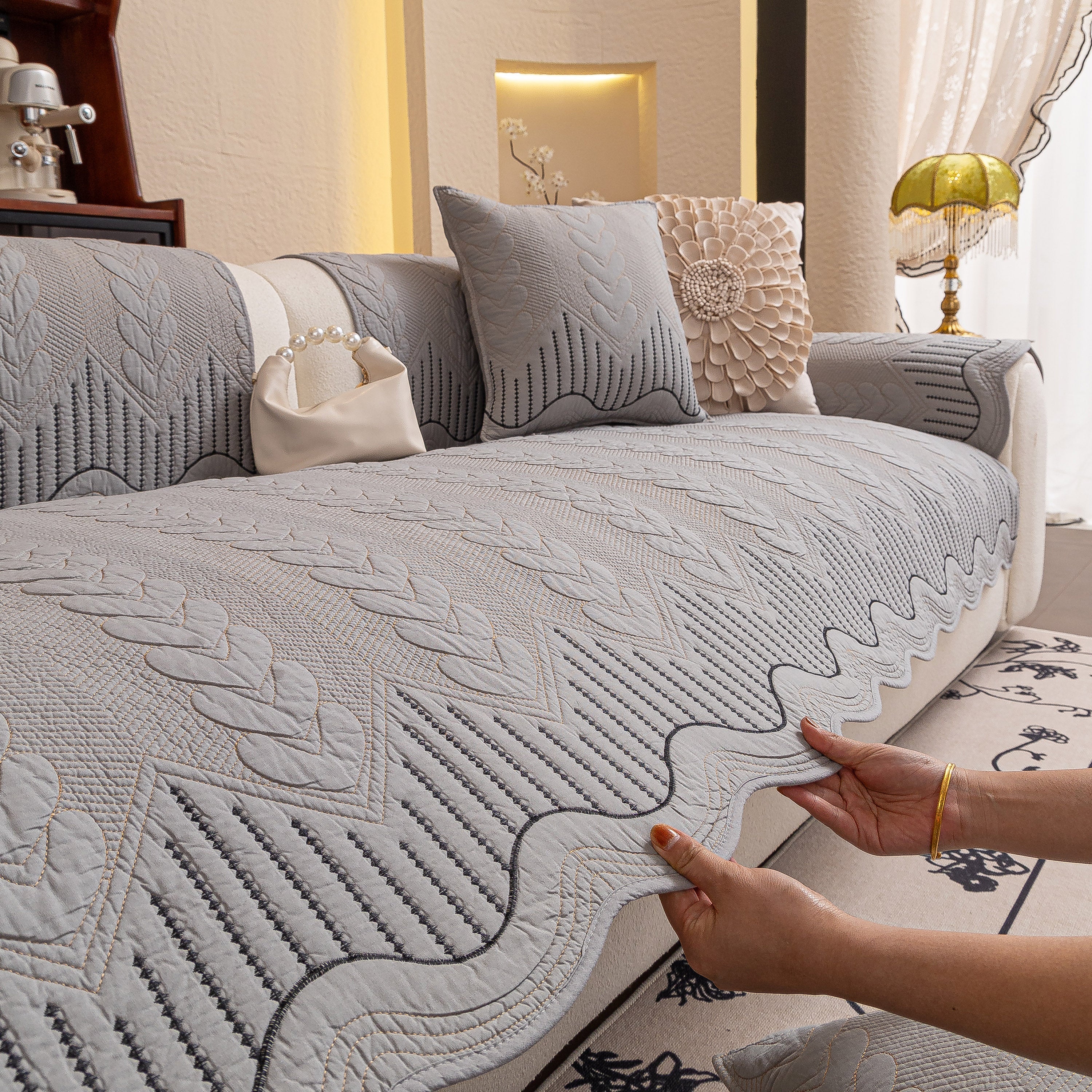 3D Quilted Thick Cotton Sofa Cover Non-Slip Couch Throw for Fabric & Leather Sofas - Image 72