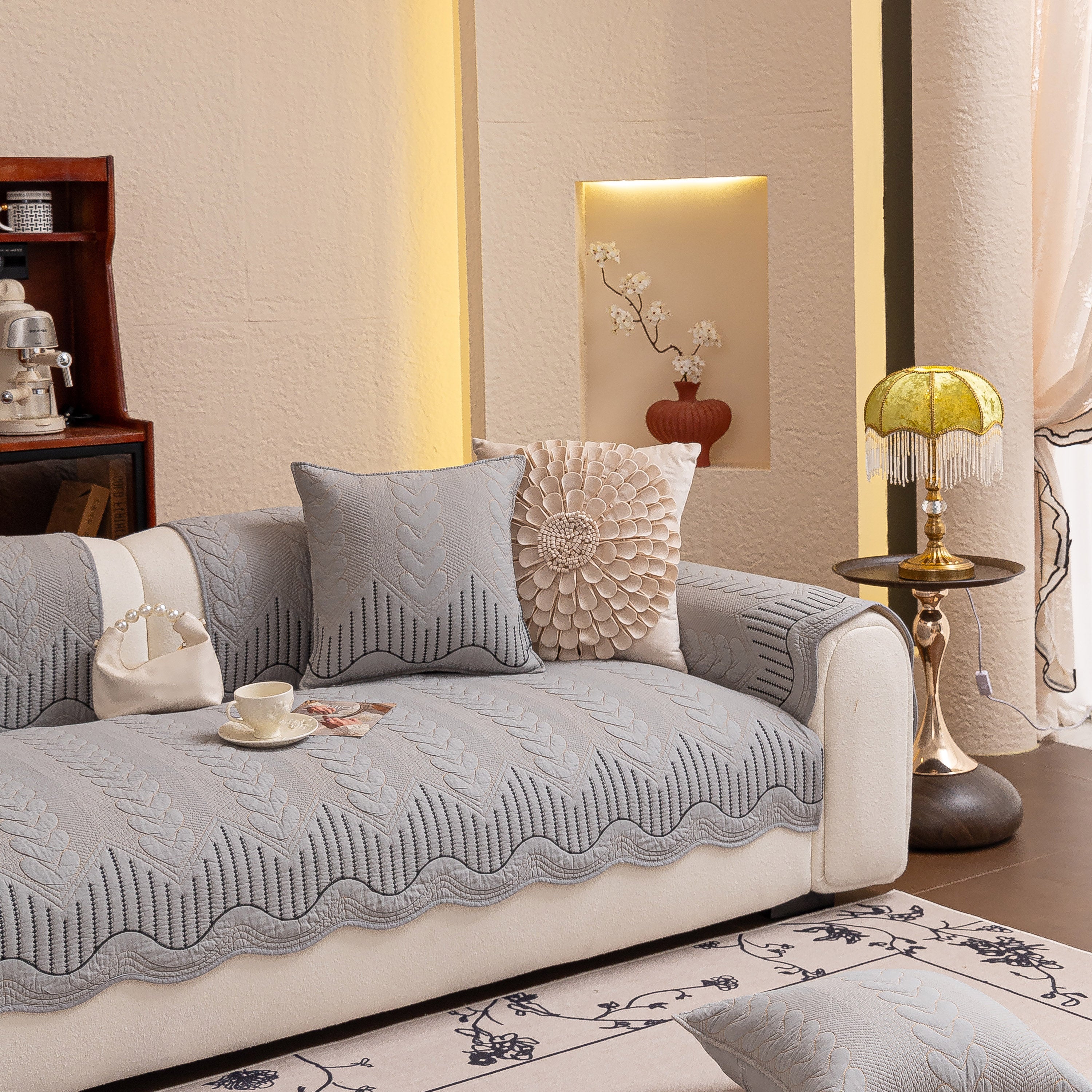 3D Quilted Thick Cotton Sofa Cover Non-Slip Couch Throw for Fabric & Leather Sofas - Image 76