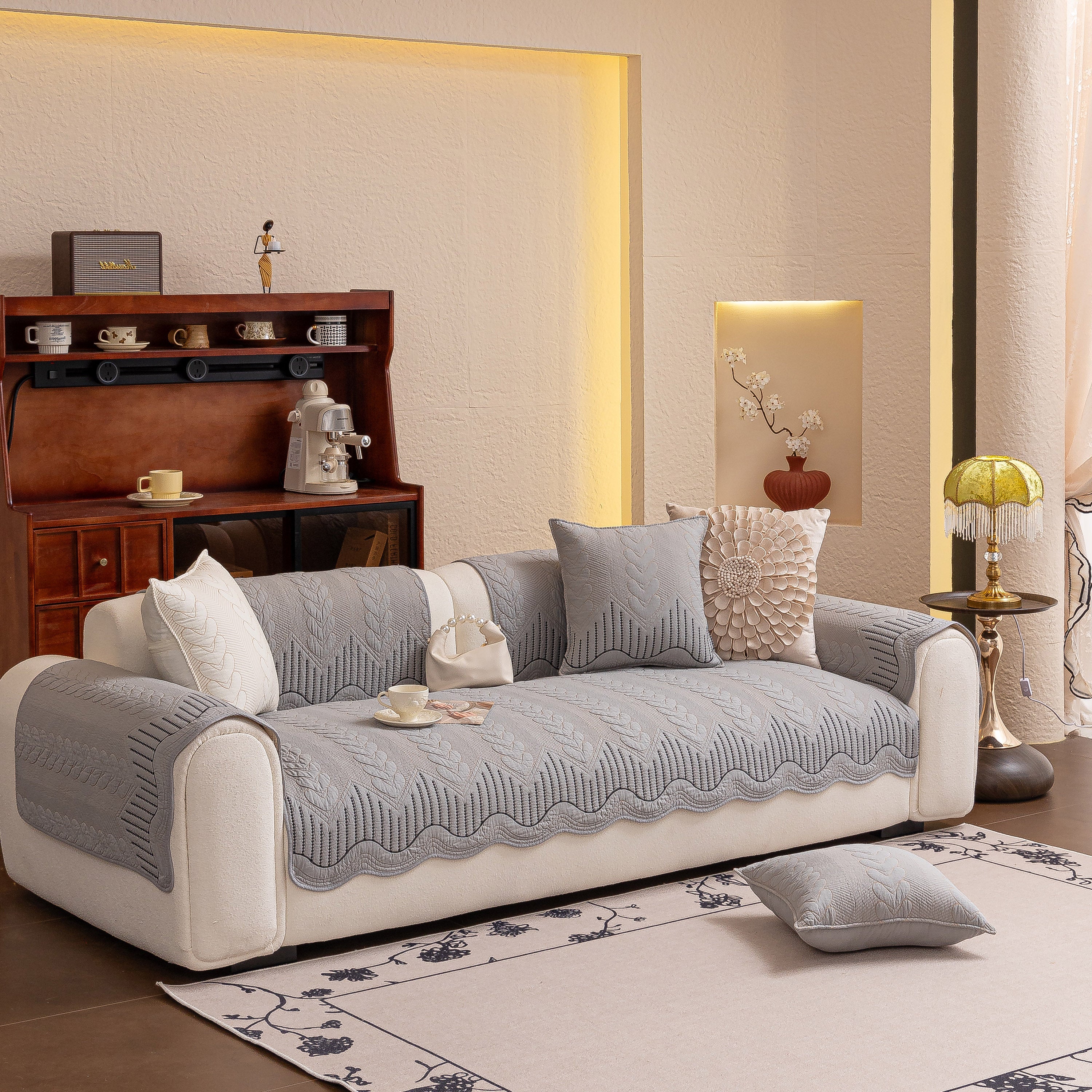 3D Quilted Thick Cotton Sofa Cover Non-Slip Couch Throw for Fabric & Leather Sofas - Image 77