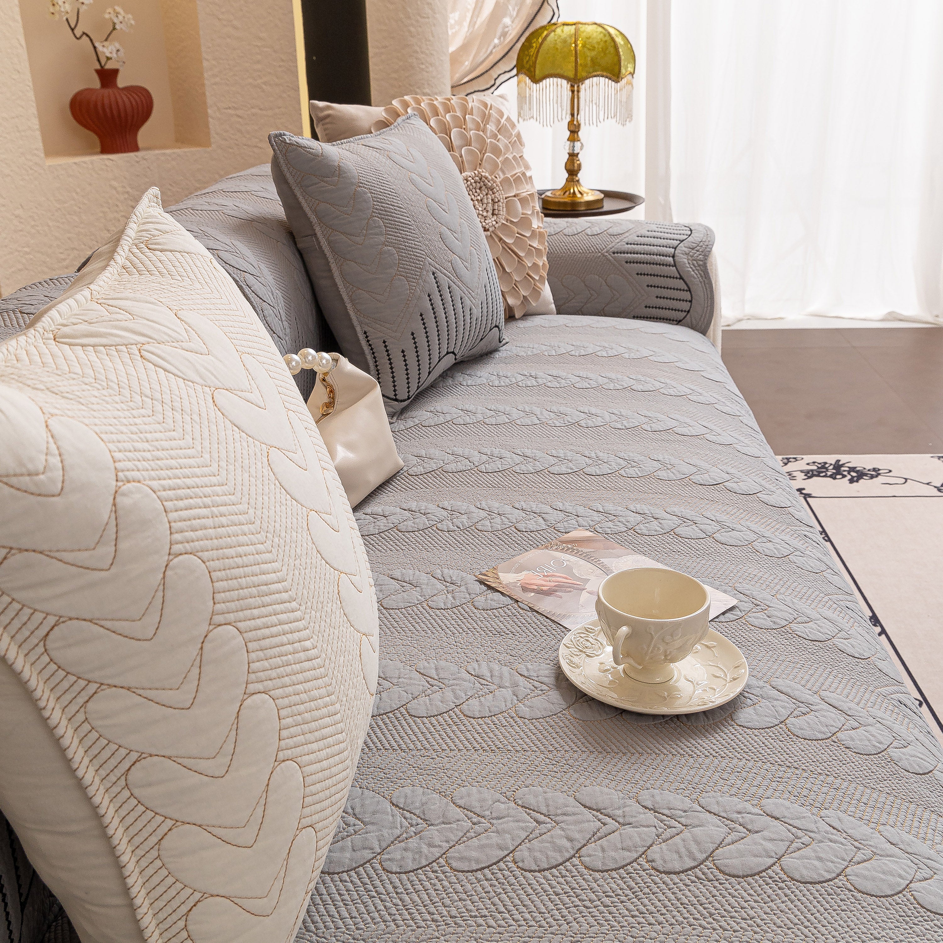 3D Quilted Thick Cotton Sofa Cover Non-Slip Couch Throw for Fabric & Leather Sofas - Image 81