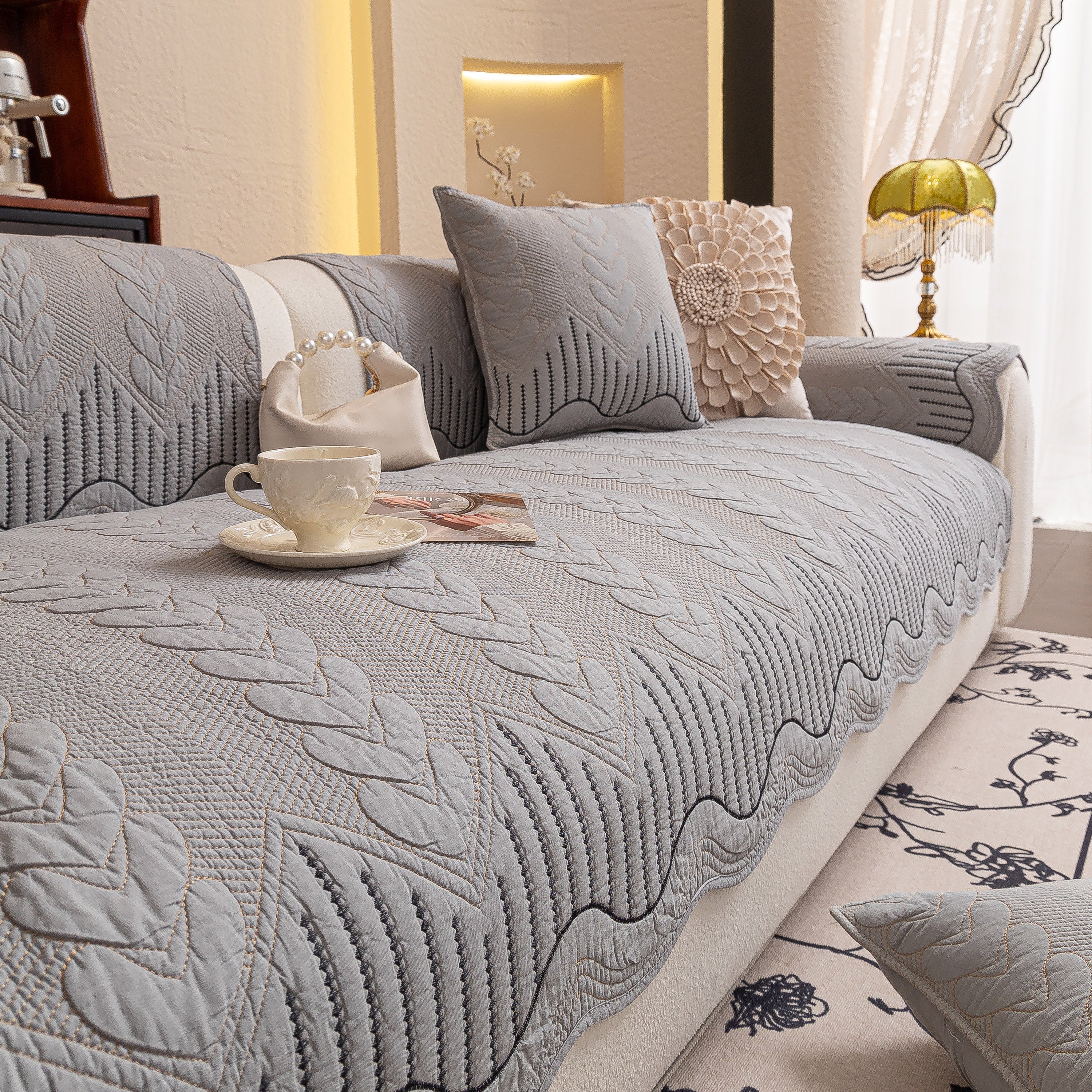 3D Quilted Thick Cotton Sofa Cover Non-Slip Couch Throw for Fabric & Leather Sofas - Image 82