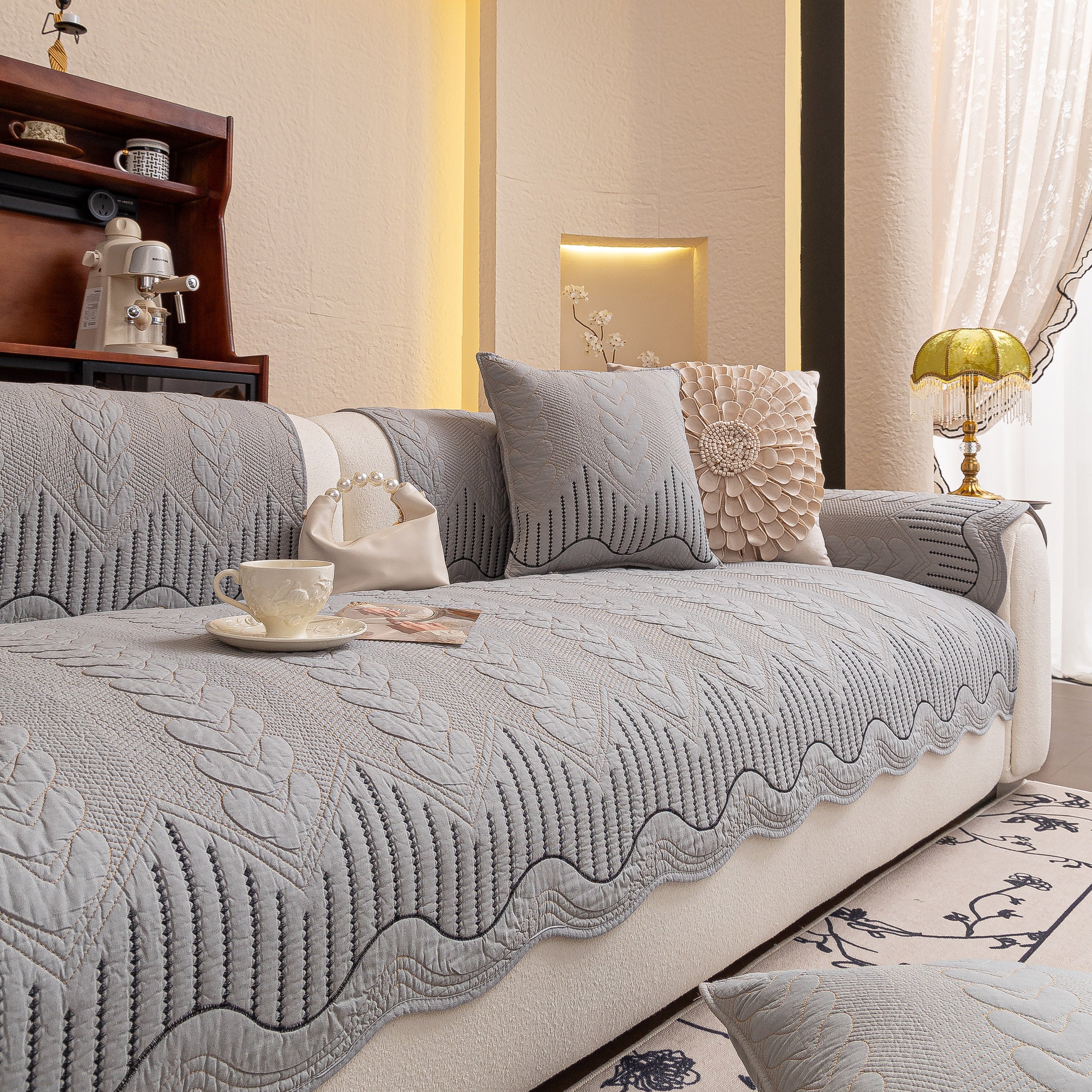3D Quilted Thick Cotton Sofa Cover Non-Slip Couch Throw for Fabric & Leather Sofas - Image 83