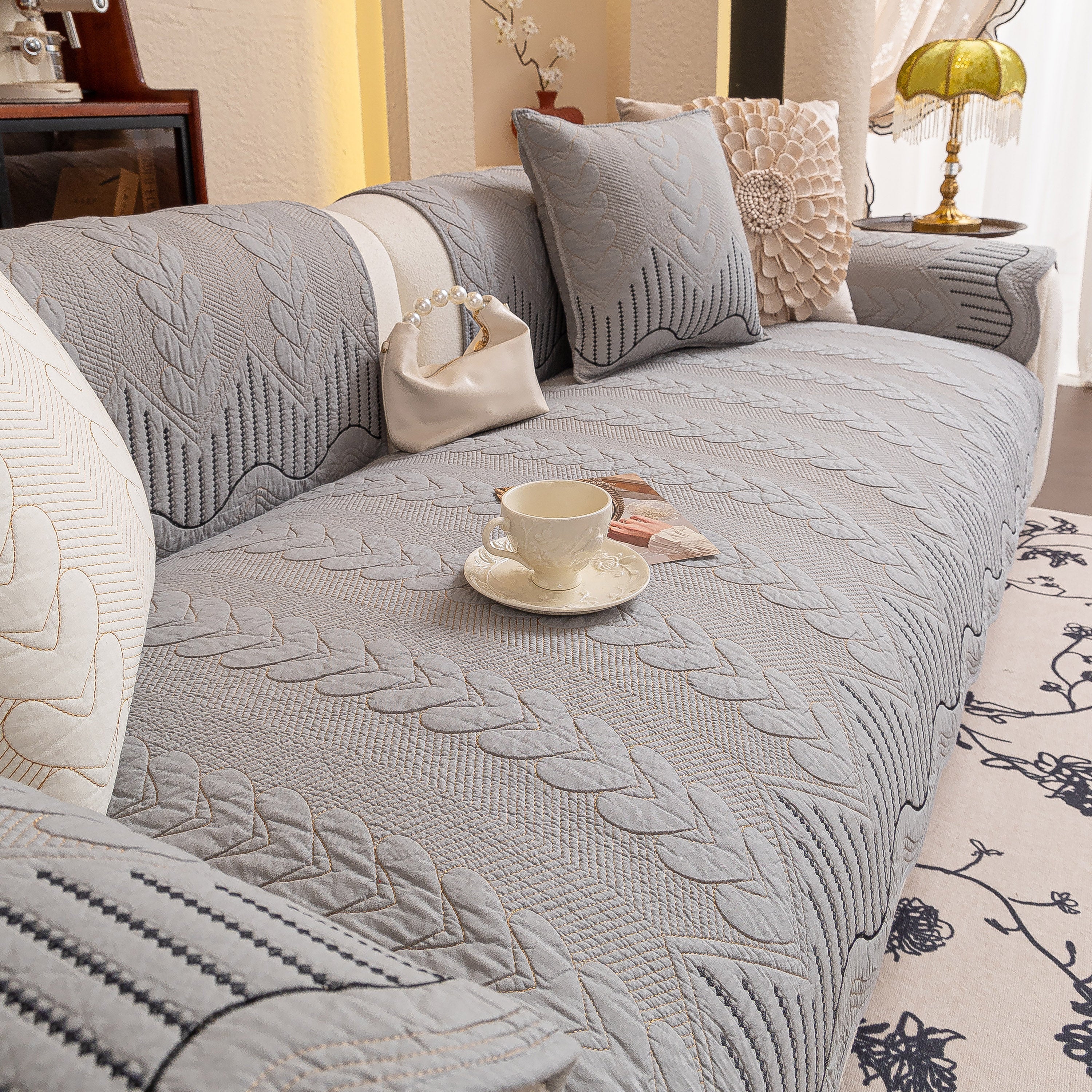 3D Quilted Thick Cotton Sofa Cover Non-Slip Couch Throw for Fabric & Leather Sofas - Image 84