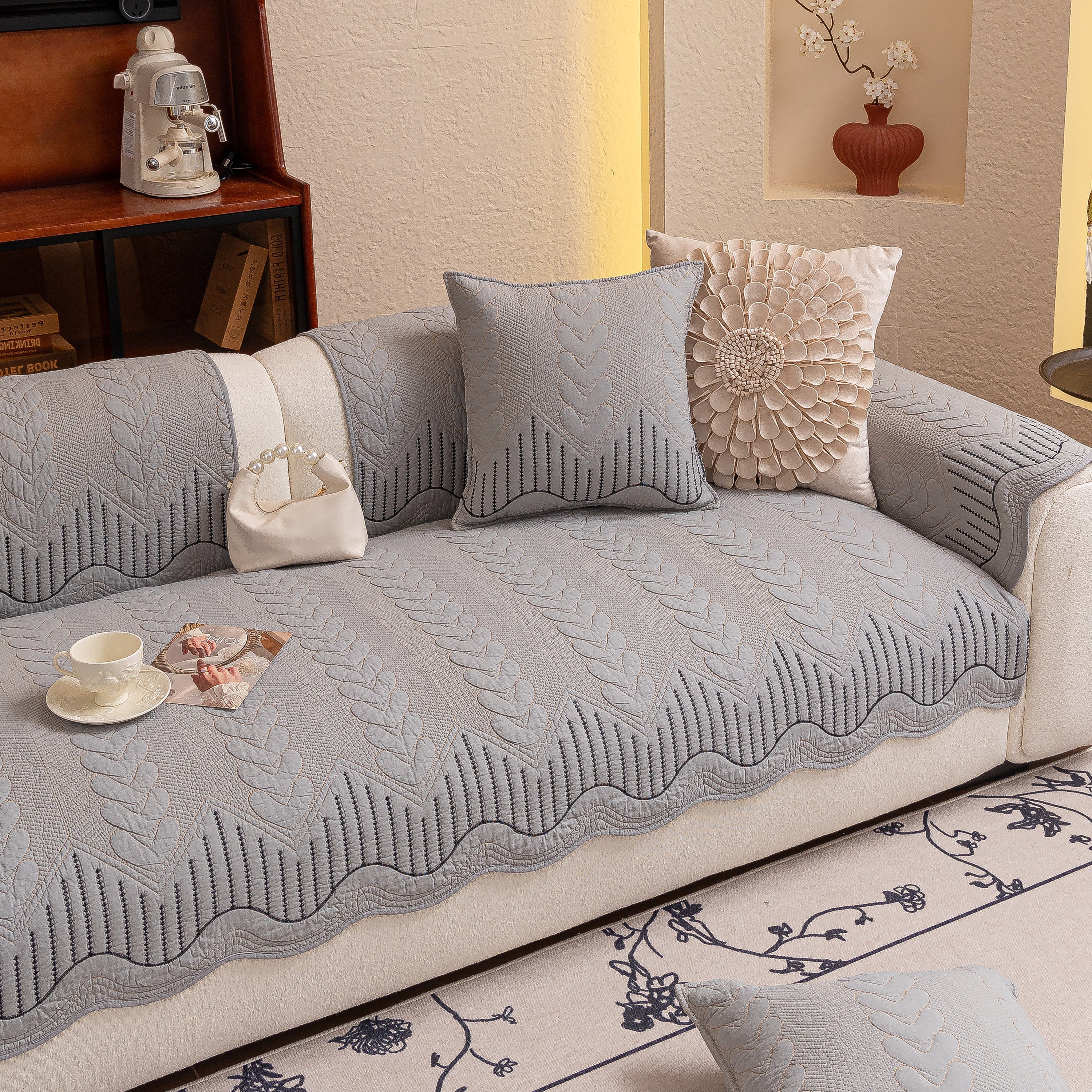 3D Quilted Thick Cotton Sofa Cover Non-Slip Couch Throw for Fabric & Leather Sofas - Image 85