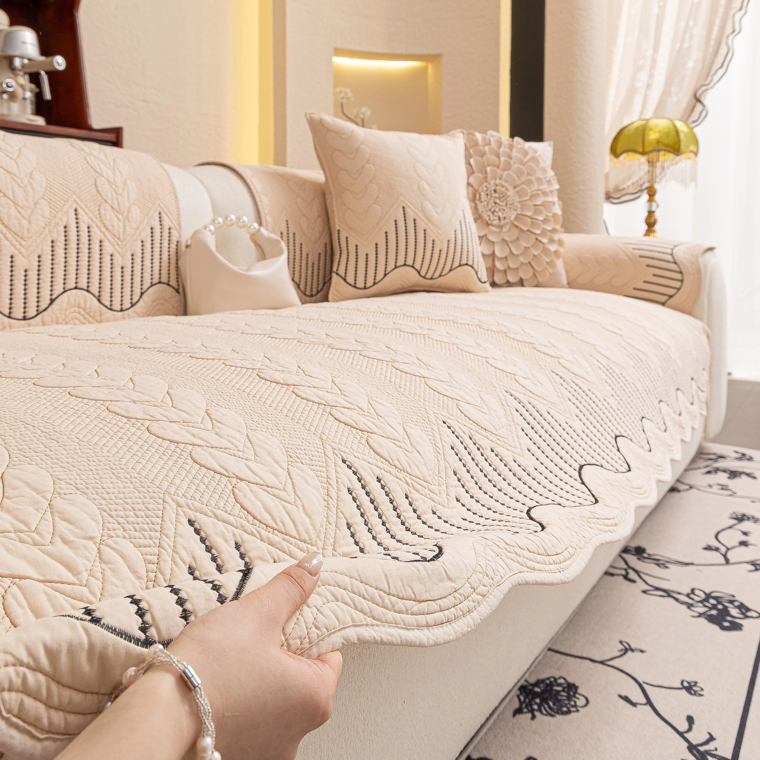 3D Quilted Thick Cotton Sofa Cover Non-Slip Couch Throw for Fabric & Leather Sofas - Image 89