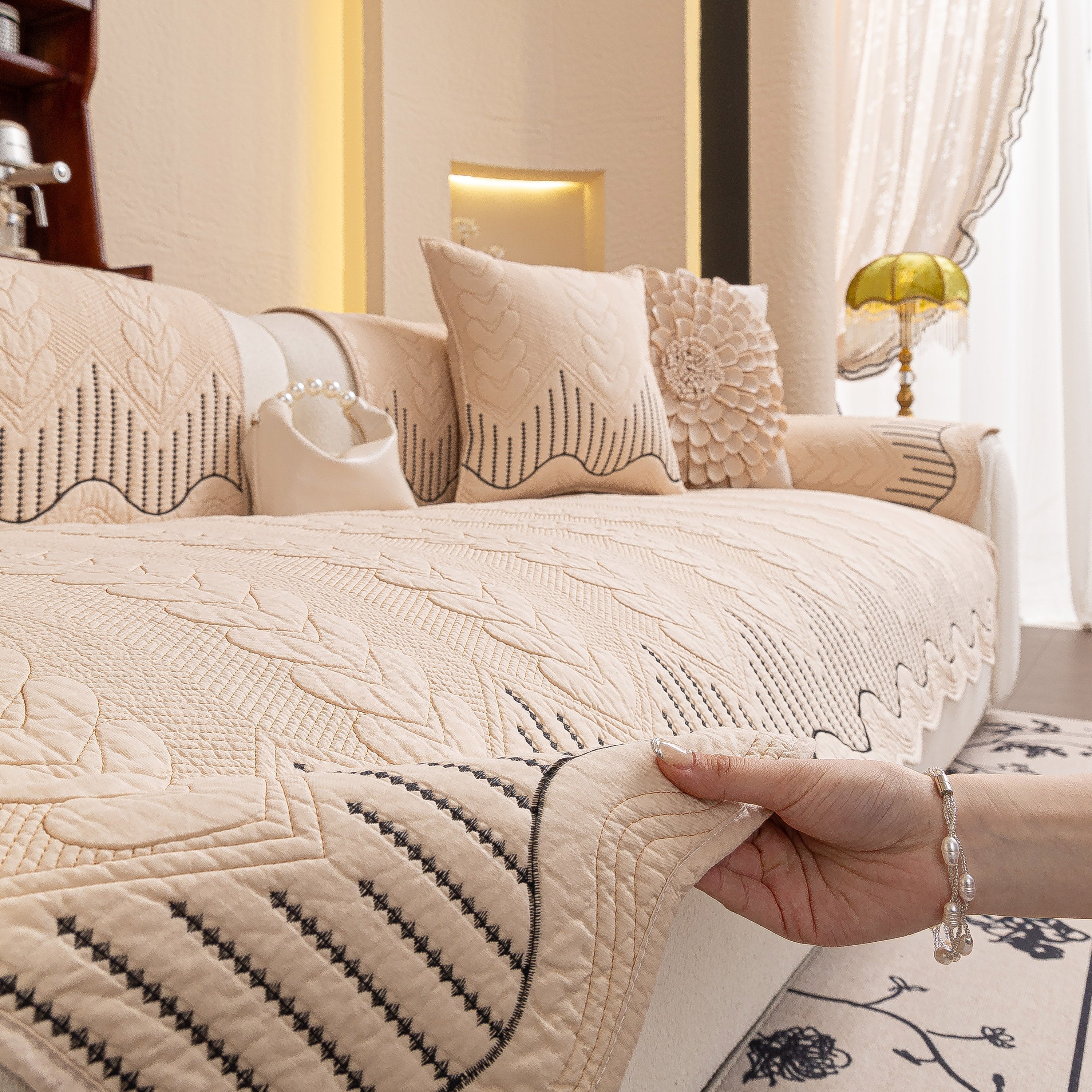 3D Quilted Thick Cotton Sofa Cover Non-Slip Couch Throw for Fabric & Leather Sofas - Image 91