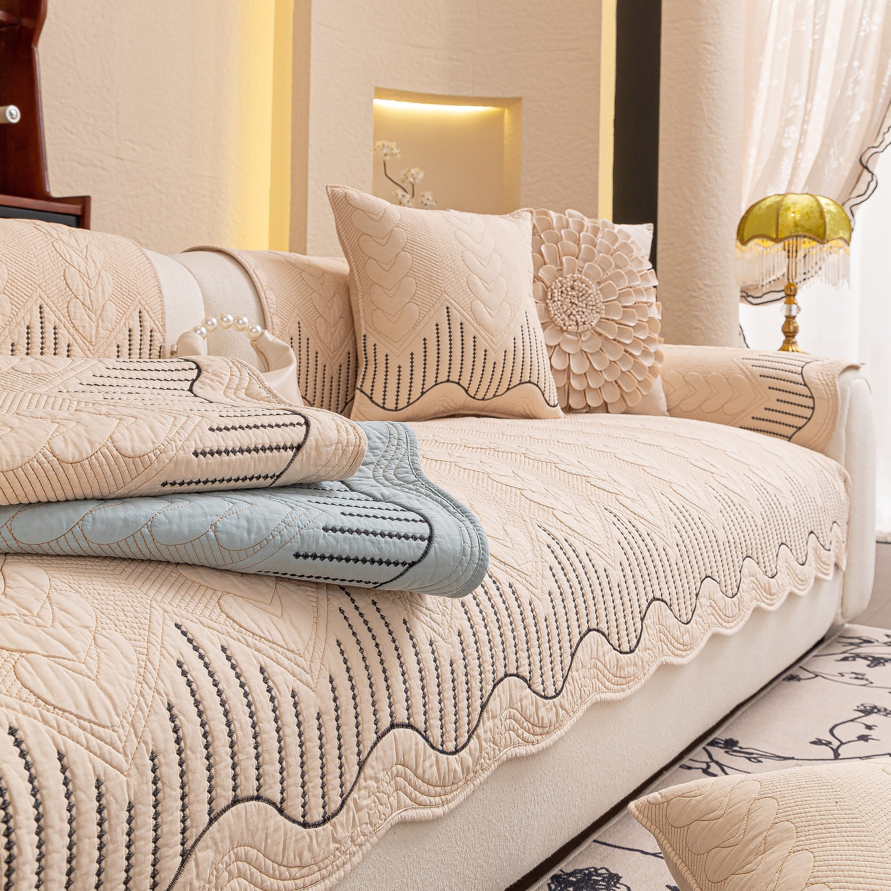 3D Quilted Thick Cotton Sofa Cover Non-Slip Couch Throw for Fabric & Leather Sofas - Image 92