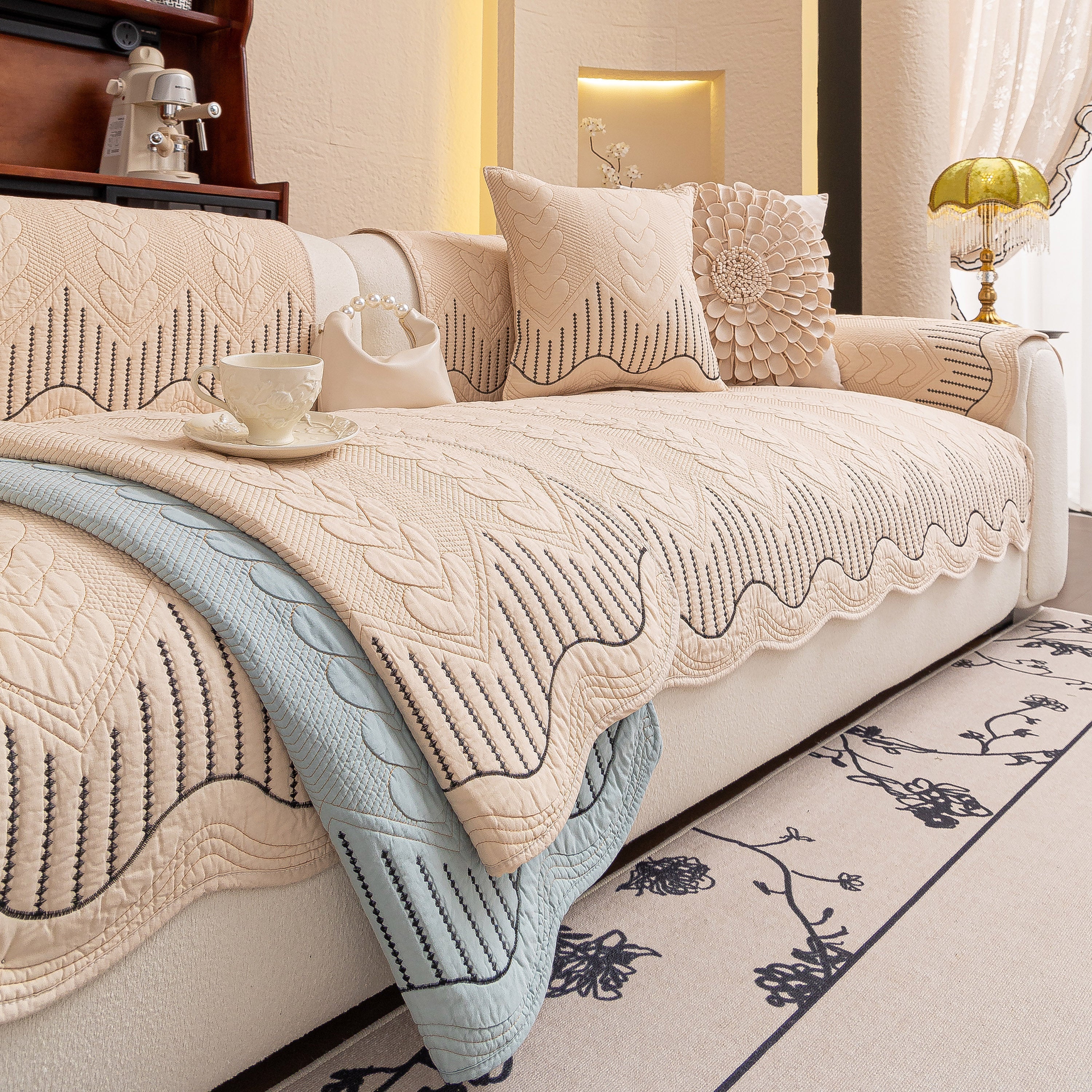 3D Quilted Thick Cotton Sofa Cover Non-Slip Couch Throw for Fabric & Leather Sofas - Image 93