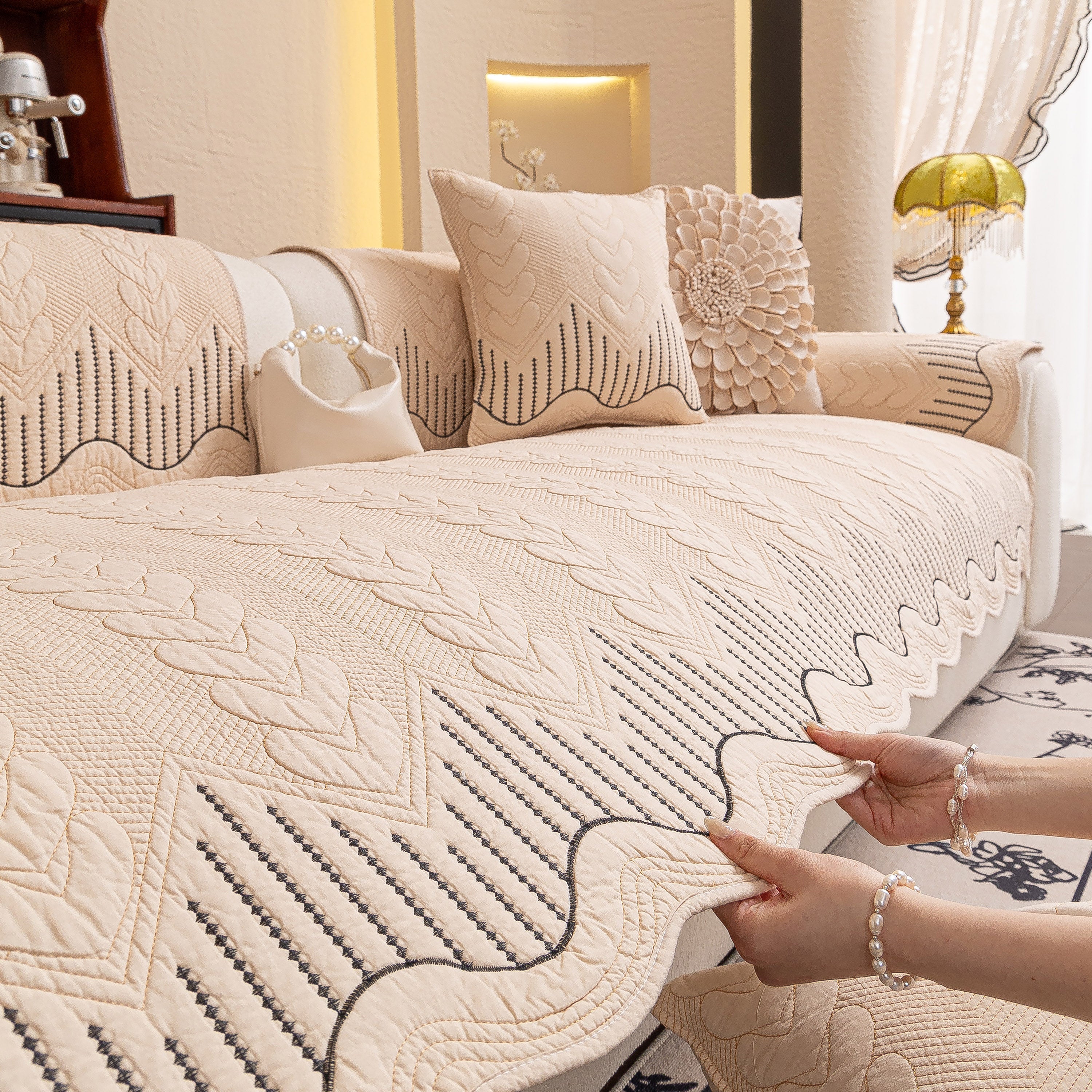 3D Quilted Thick Cotton Sofa Cover Non-Slip Couch Throw for Fabric & Leather Sofas - Image 94