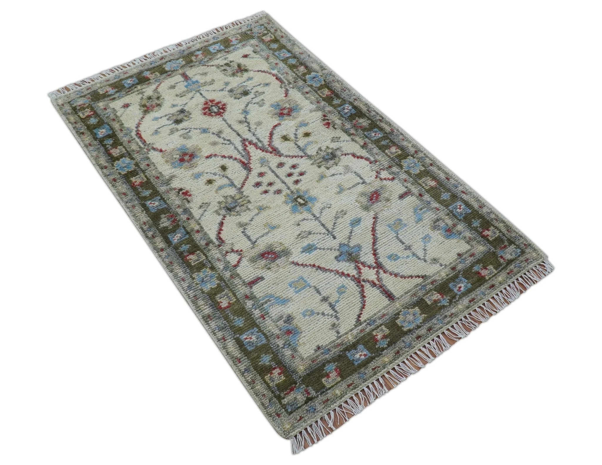 3x5 Hand knotted Beige And Blue Traditional Design Wool Area Rug - Image 10