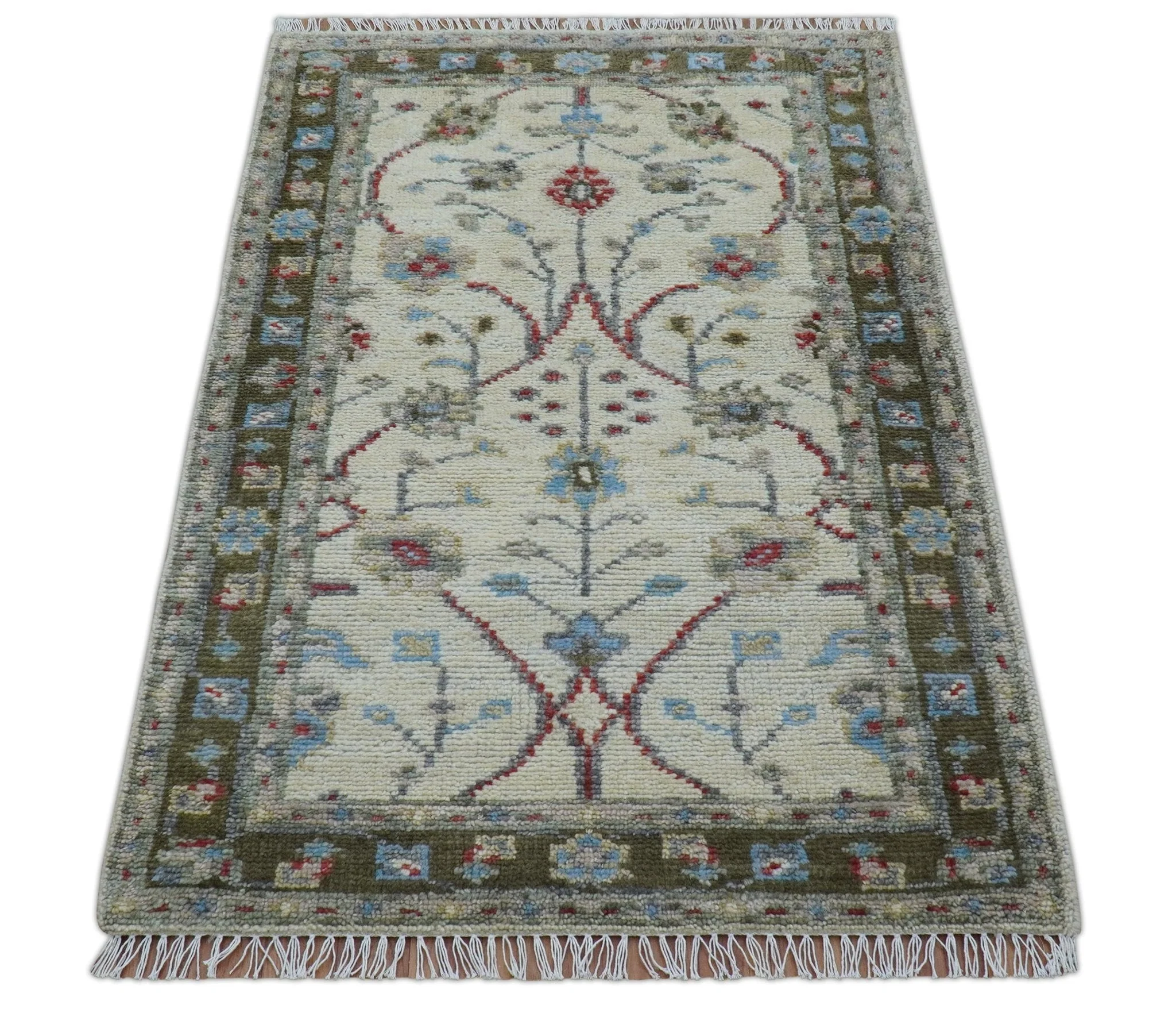 3x5 Hand knotted Beige And Blue Traditional Design Wool Area Rug - Image 9