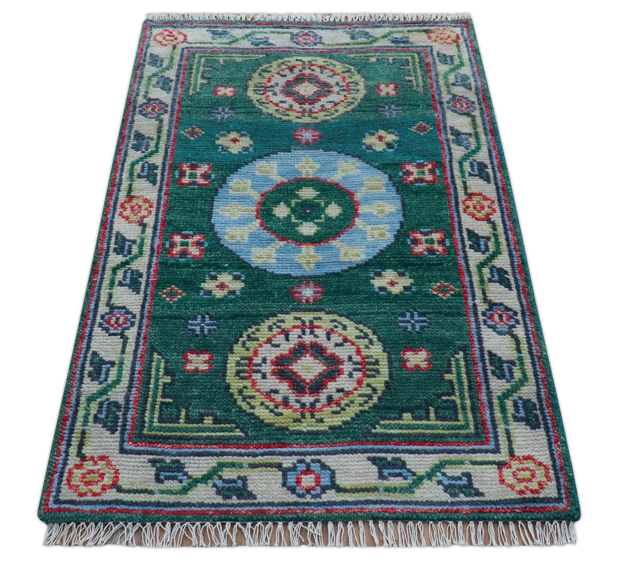 3x5 Hand knotted Traditional Khotan Design Teal Wool Area Rug - Image 4